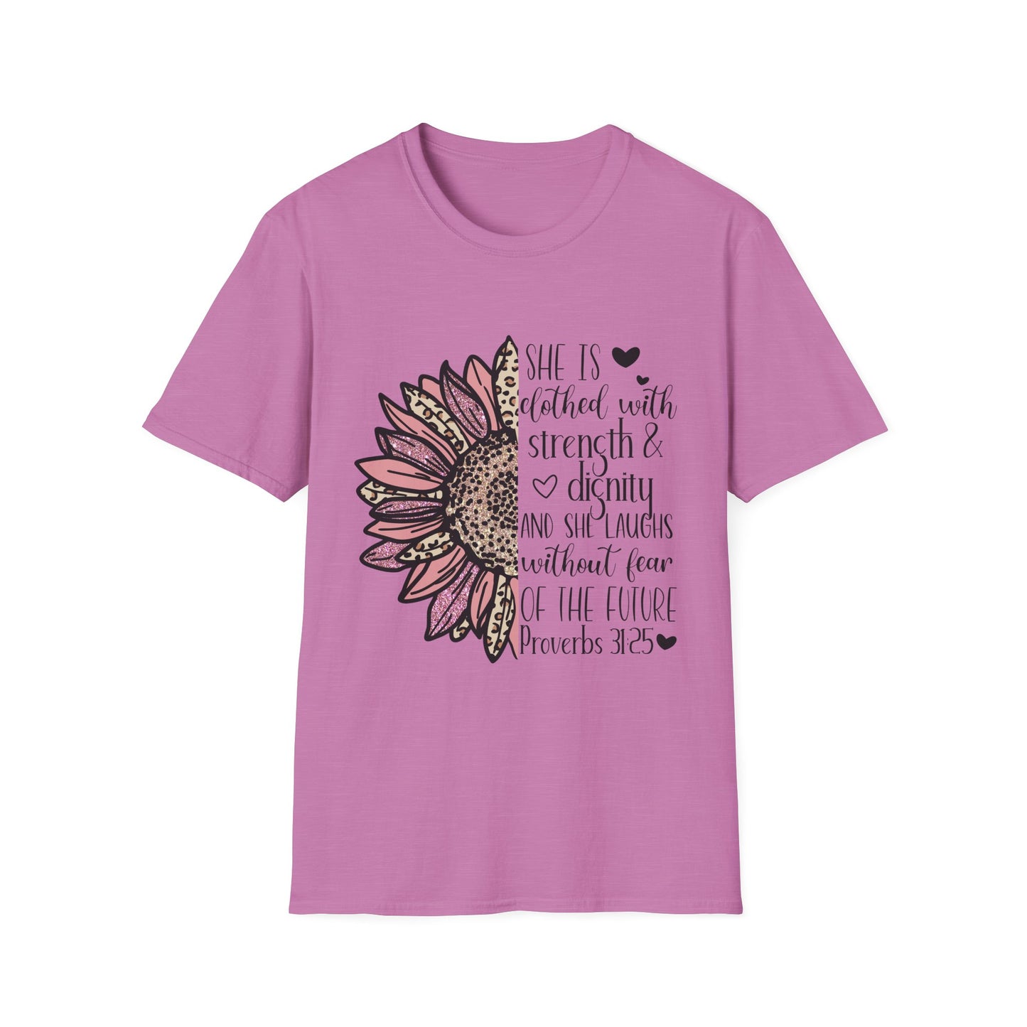 Proverbs 31:25 Unisex Softstyle T-Shirt, Christian Bible Verse Tee, Inspirational Clothing, Strength and Dignity Shirt, Religious Gift