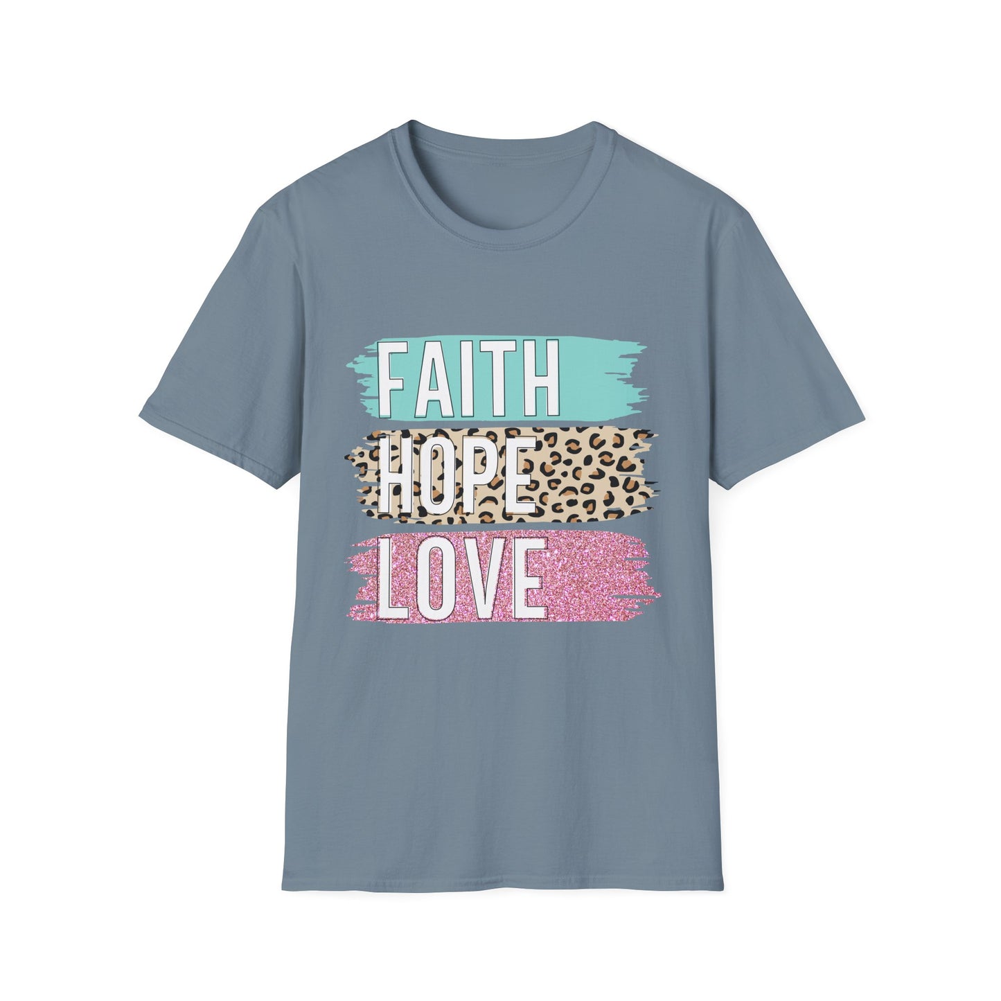 Faith Hope Love T-Shirt, Inspirational Christian Tee, Religious Graphic Shirt, Unisex Softstyle Top, Faith-Based Clothing, Washi Tape look