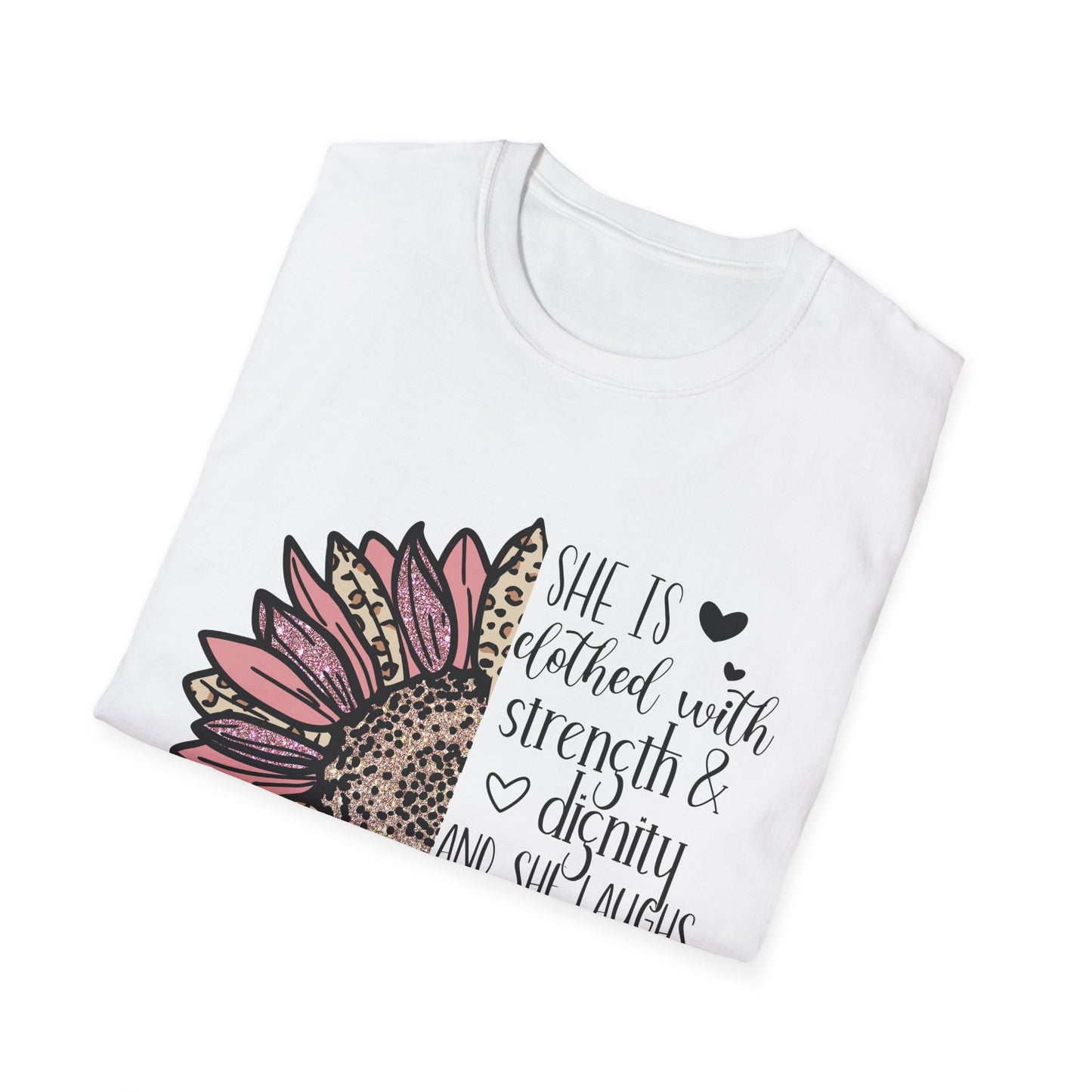 Proverbs 31:25 Unisex Softstyle T-Shirt, Christian Bible Verse Tee, Inspirational Clothing, Strength and Dignity Shirt, Religious Gift