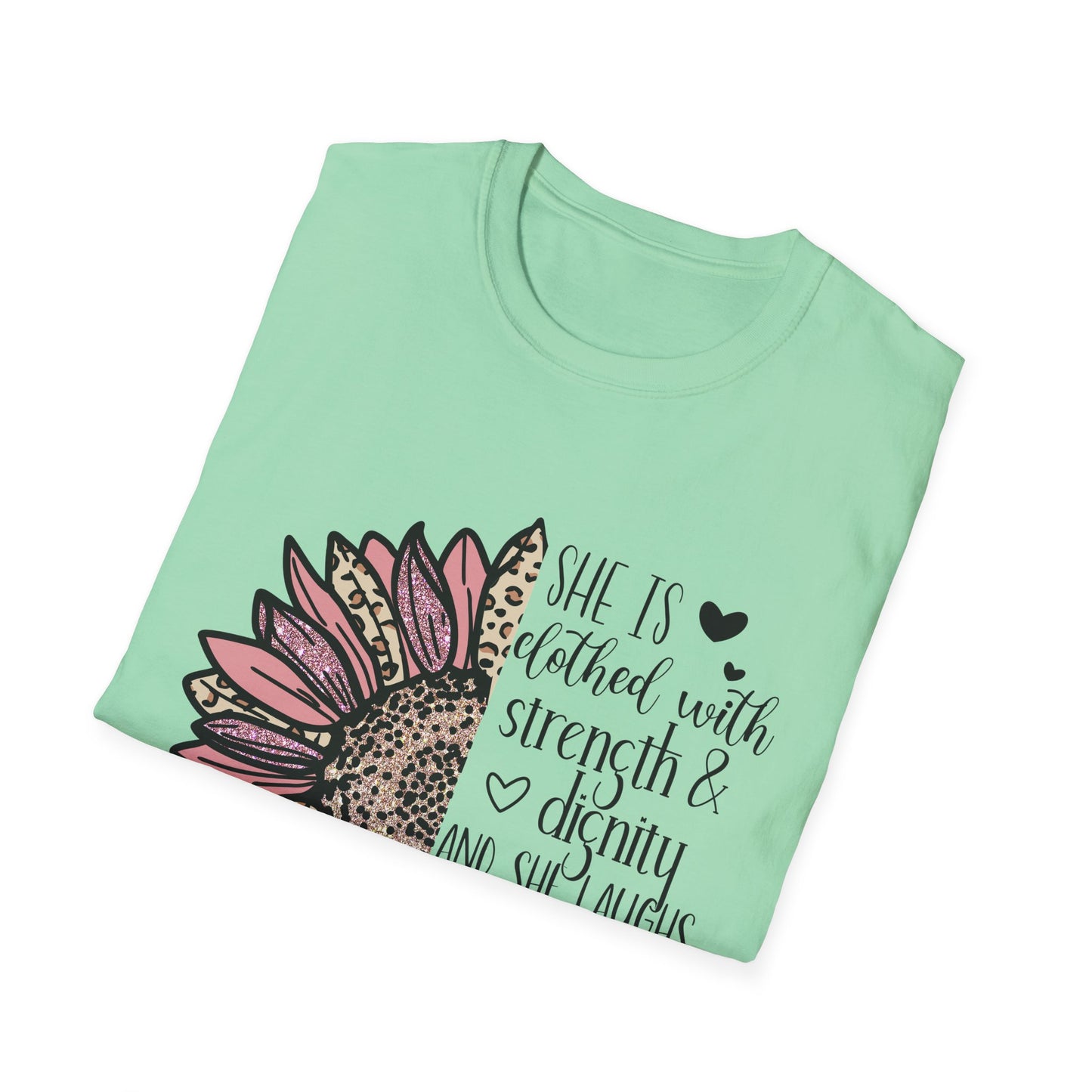 Proverbs 31:25 Unisex Softstyle T-Shirt, Christian Bible Verse Tee, Inspirational Clothing, Strength and Dignity Shirt, Religious Gift
