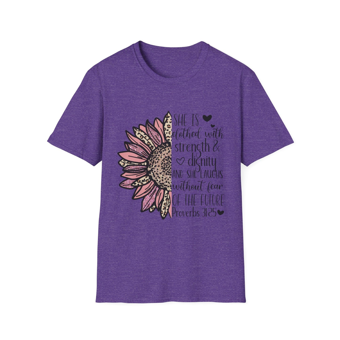 Proverbs 31:25 Unisex Softstyle T-Shirt, Christian Bible Verse Tee, Inspirational Clothing, Strength and Dignity Shirt, Religious Gift