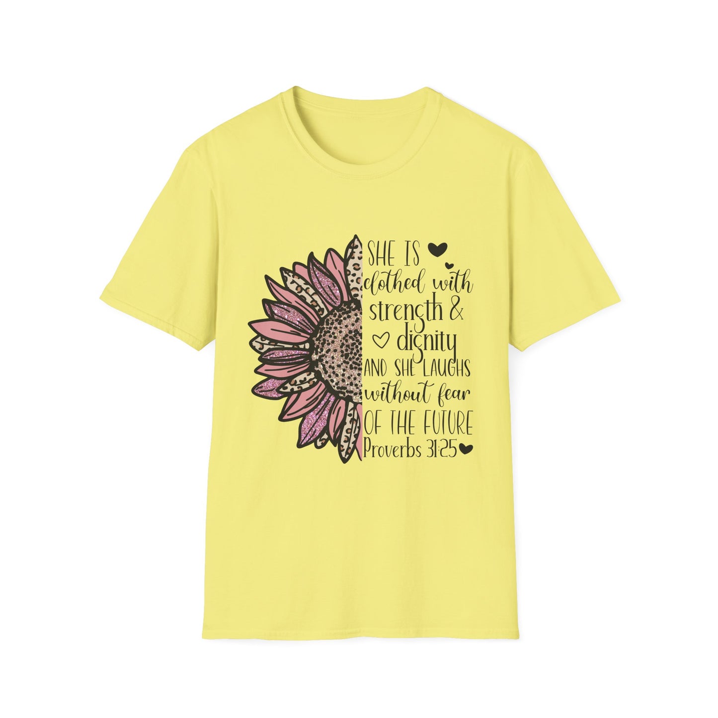 Proverbs 31:25 Unisex Softstyle T-Shirt, Christian Bible Verse Tee, Inspirational Clothing, Strength and Dignity Shirt, Religious Gift