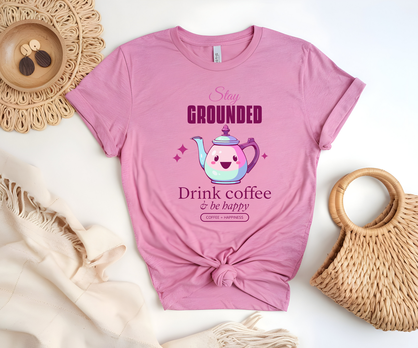 Grounded Coffee Lover Unisex Softstyle T-Shirt, Stay Happy Drink Coffee Tee, Coffee = Happiness, Positive Vibes Shirt, Meditation Gift