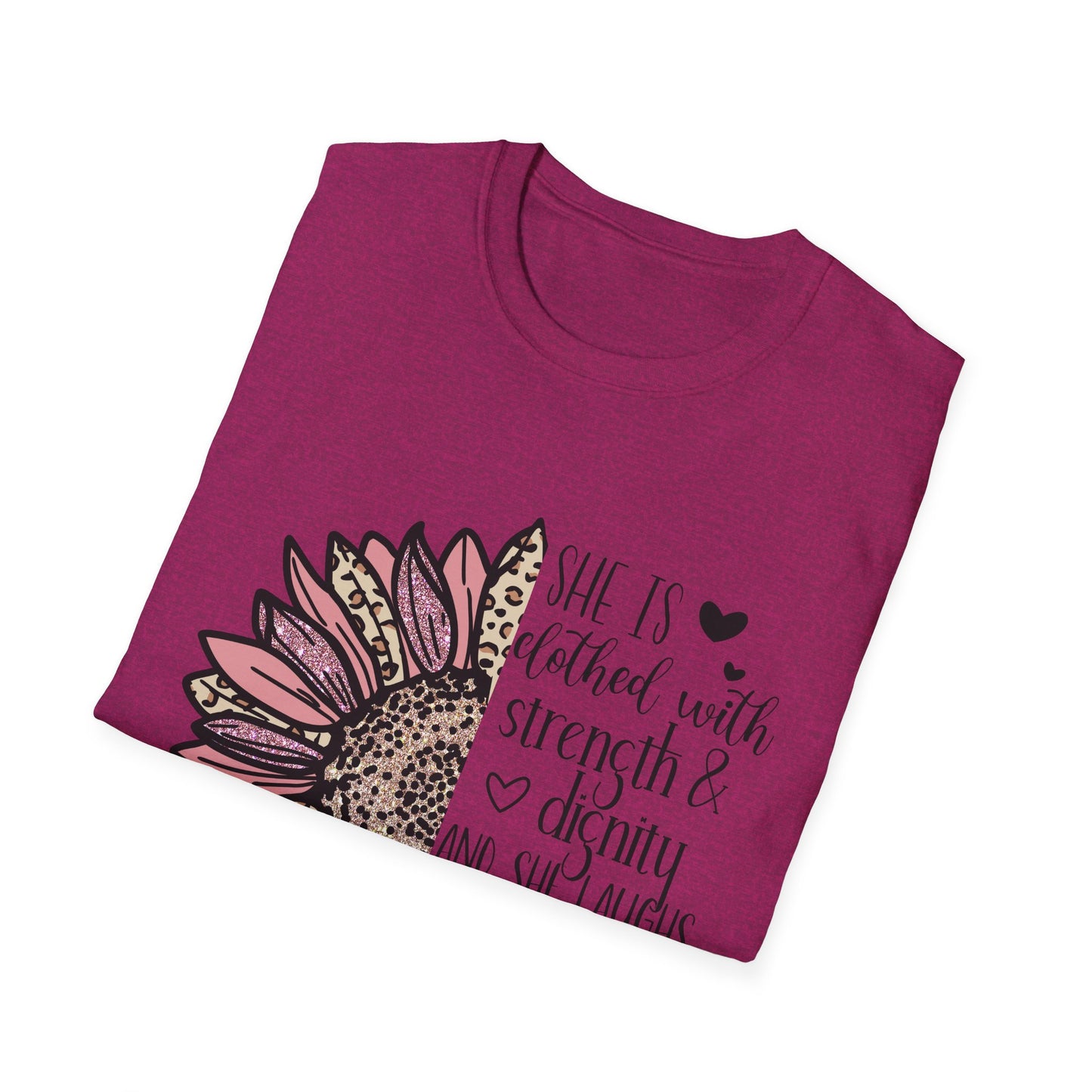 Proverbs 31:25 Unisex Softstyle T-Shirt, Christian Bible Verse Tee, Inspirational Clothing, Strength and Dignity Shirt, Religious Gift