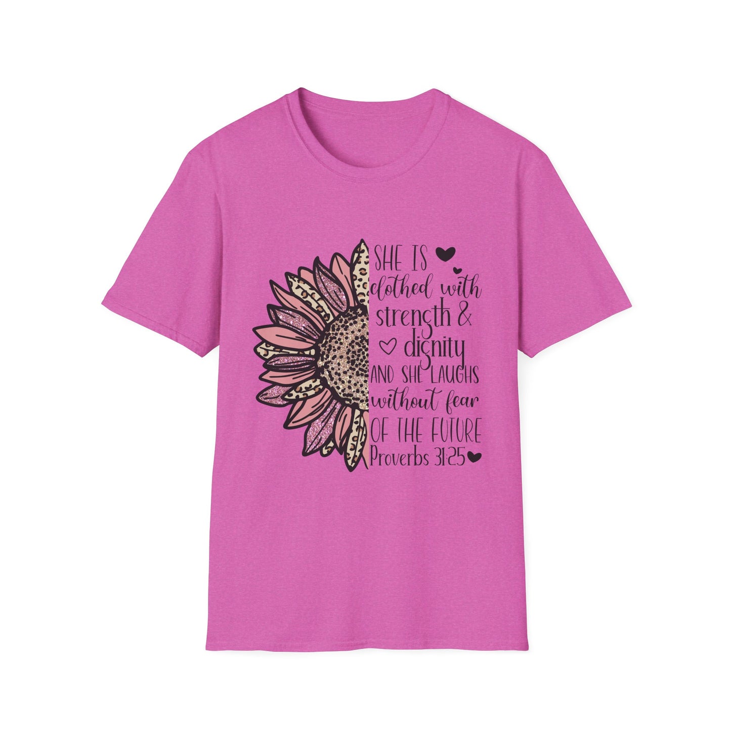 Proverbs 31:25 Unisex Softstyle T-Shirt, Christian Bible Verse Tee, Inspirational Clothing, Strength and Dignity Shirt, Religious Gift