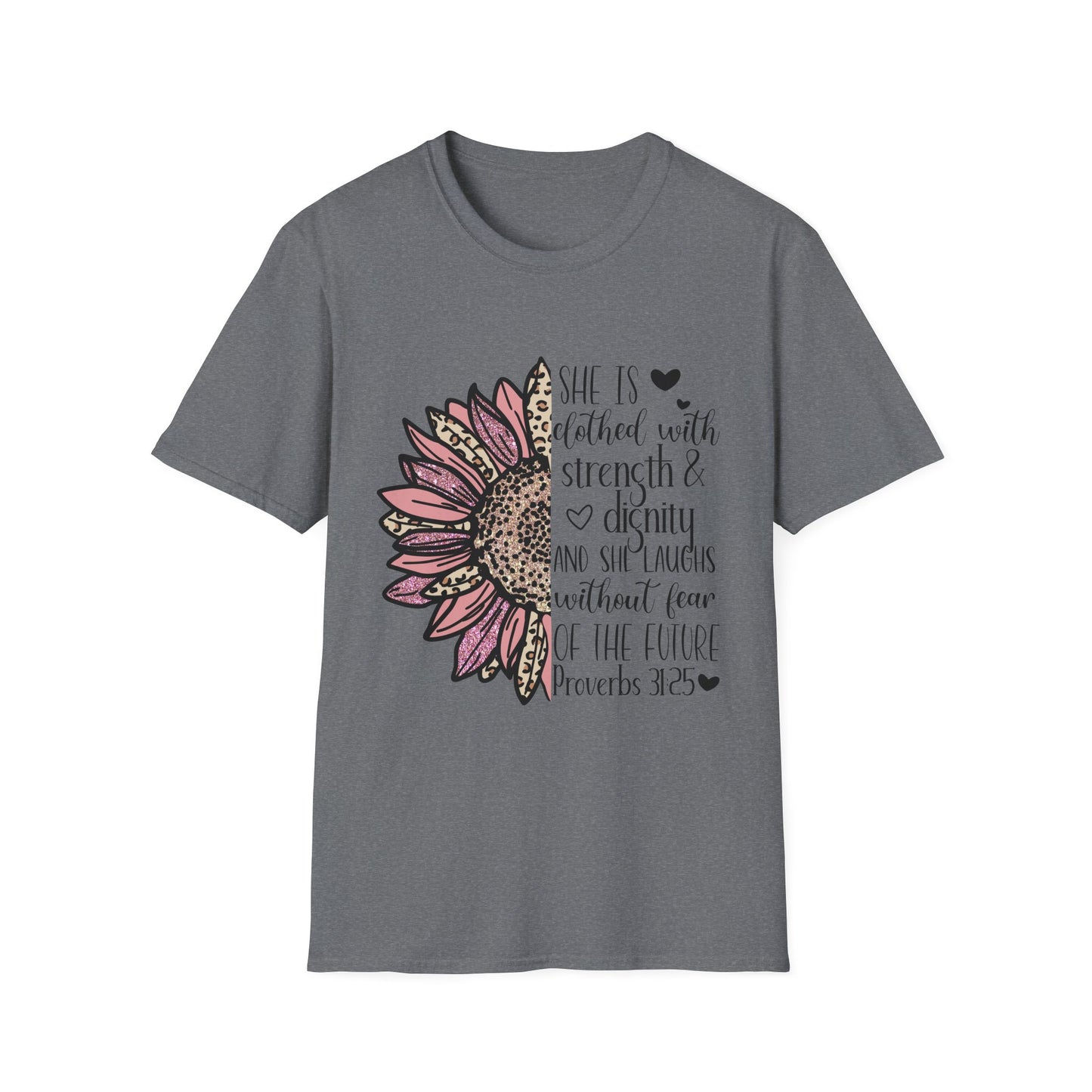 Proverbs 31:25 Unisex Softstyle T-Shirt, Christian Bible Verse Tee, Inspirational Clothing, Strength and Dignity Shirt, Religious Gift