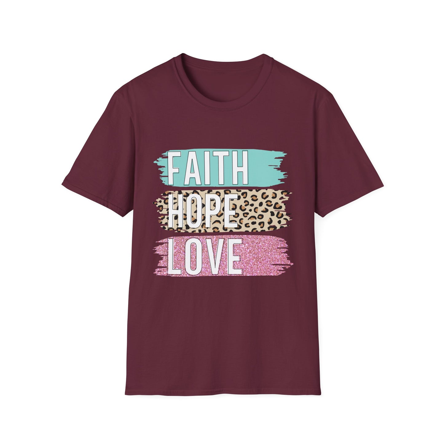 Faith Hope Love T-Shirt, Inspirational Christian Tee, Religious Graphic Shirt, Unisex Softstyle Top, Faith-Based Clothing, Washi Tape look