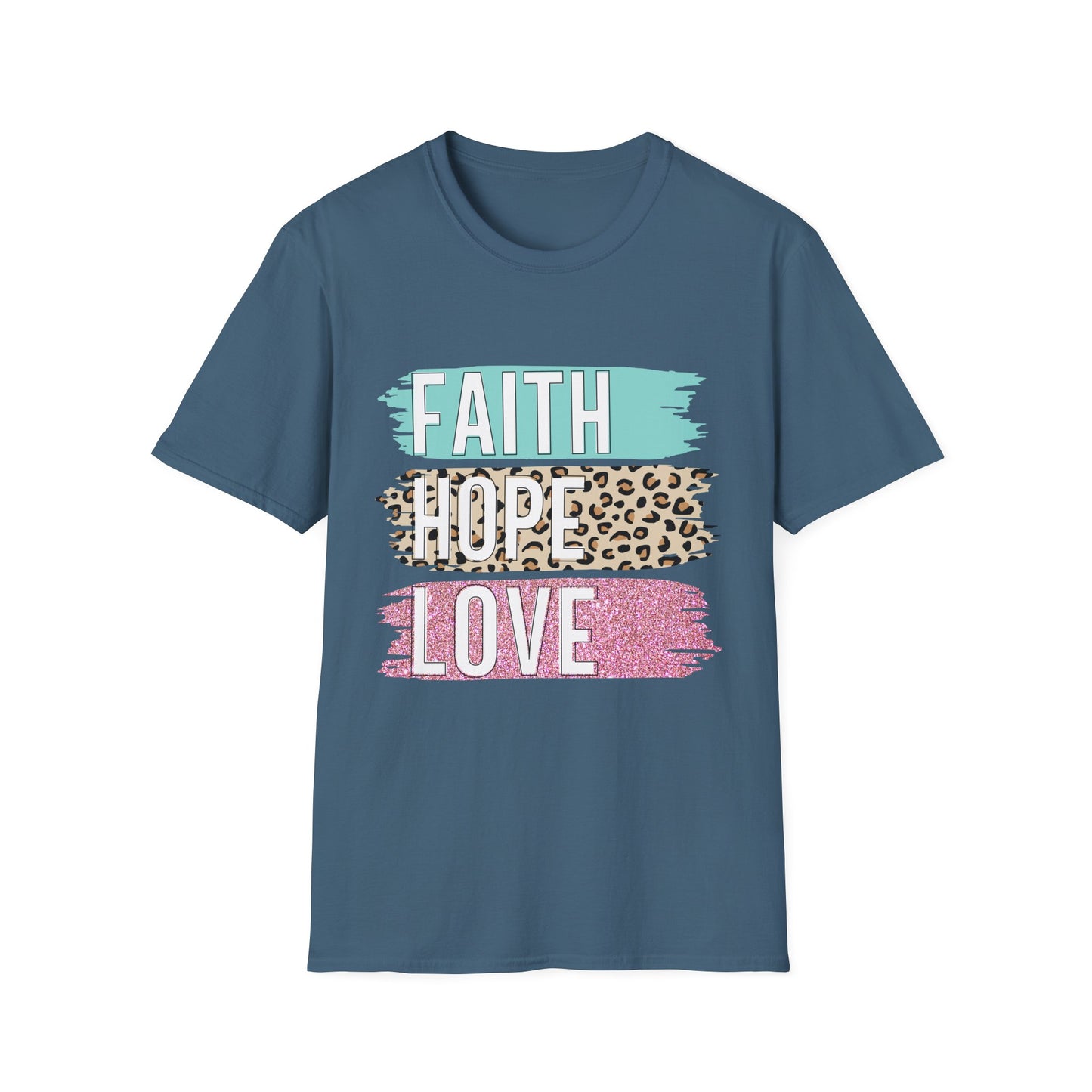 Faith Hope Love T-Shirt, Inspirational Christian Tee, Religious Graphic Shirt, Unisex Softstyle Top, Faith-Based Clothing, Washi Tape look