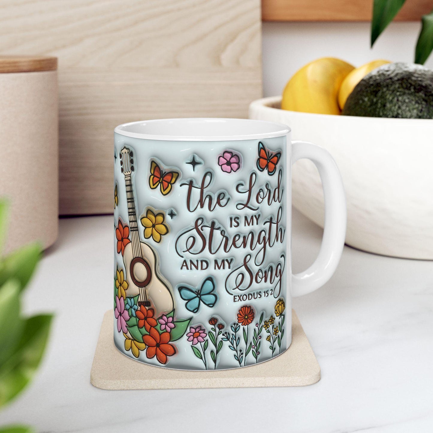 Inspirational Floral Ceramic Mug, Motivational Coffee Cup, Butterfly Design, Gift for Music Lovers, Christian Encouragement Mug, Exodus 15:2