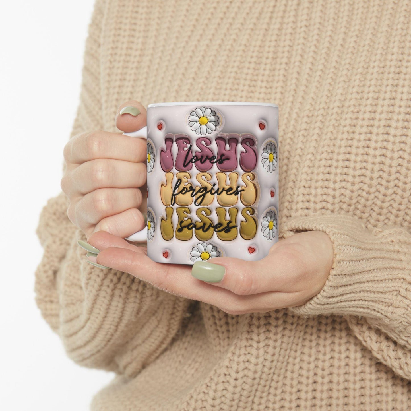 Flower Power Ceramic Mug - Inspirational Jesus Design, Faith Gift, Coffee Lover's Cup, Cute Floral Mug, Perfect for Holidays