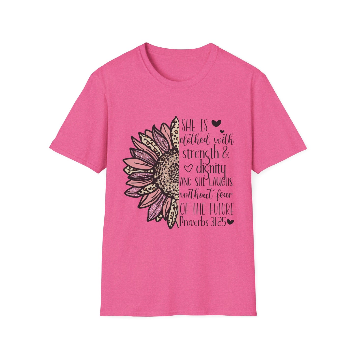 Proverbs 31:25 Unisex Softstyle T-Shirt, Christian Bible Verse Tee, Inspirational Clothing, Strength and Dignity Shirt, Religious Gift