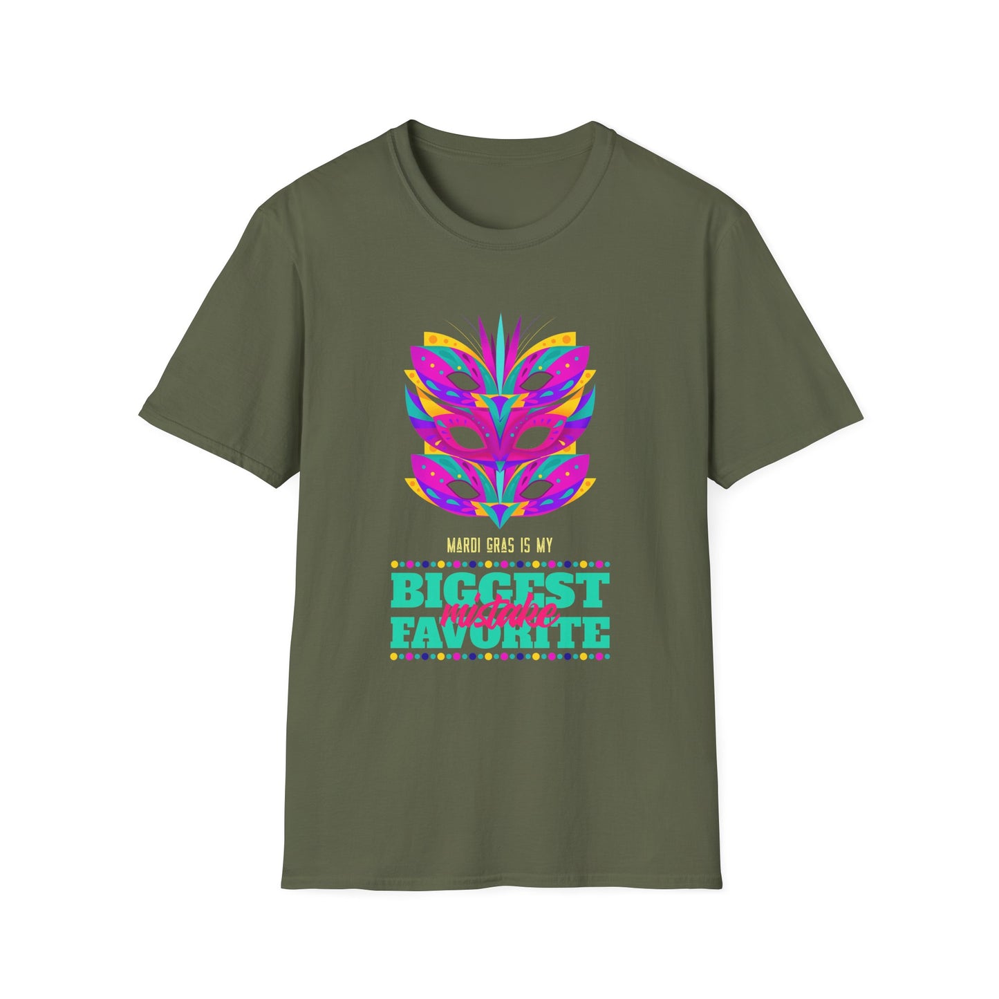 Mardi Gras is my Biggest Favorite Mistake Unisex Softstyle T-Shirt, Party SHirt, Fat Tuesday tee