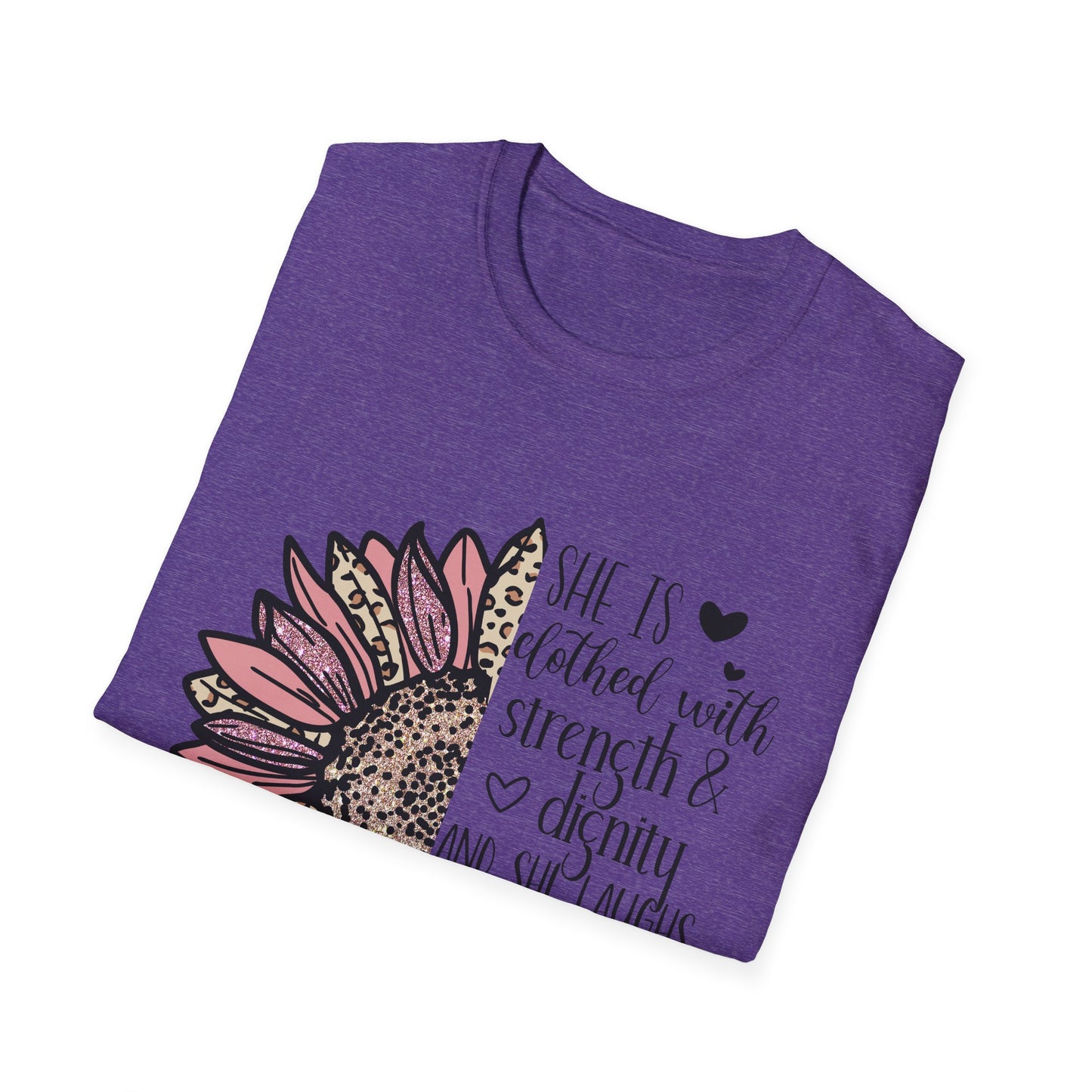 Proverbs 31:25 Unisex Softstyle T-Shirt, Christian Bible Verse Tee, Inspirational Clothing, Strength and Dignity Shirt, Religious Gift