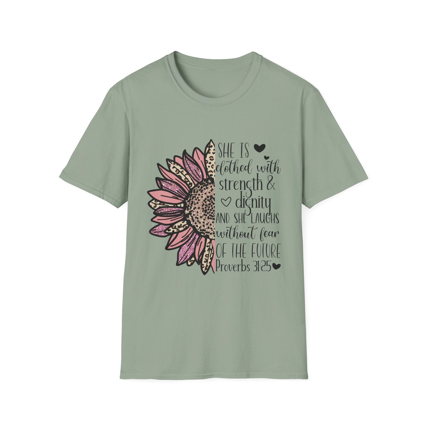 Proverbs 31:25 Unisex Softstyle T-Shirt, Christian Bible Verse Tee, Inspirational Clothing, Strength and Dignity Shirt, Religious Gift