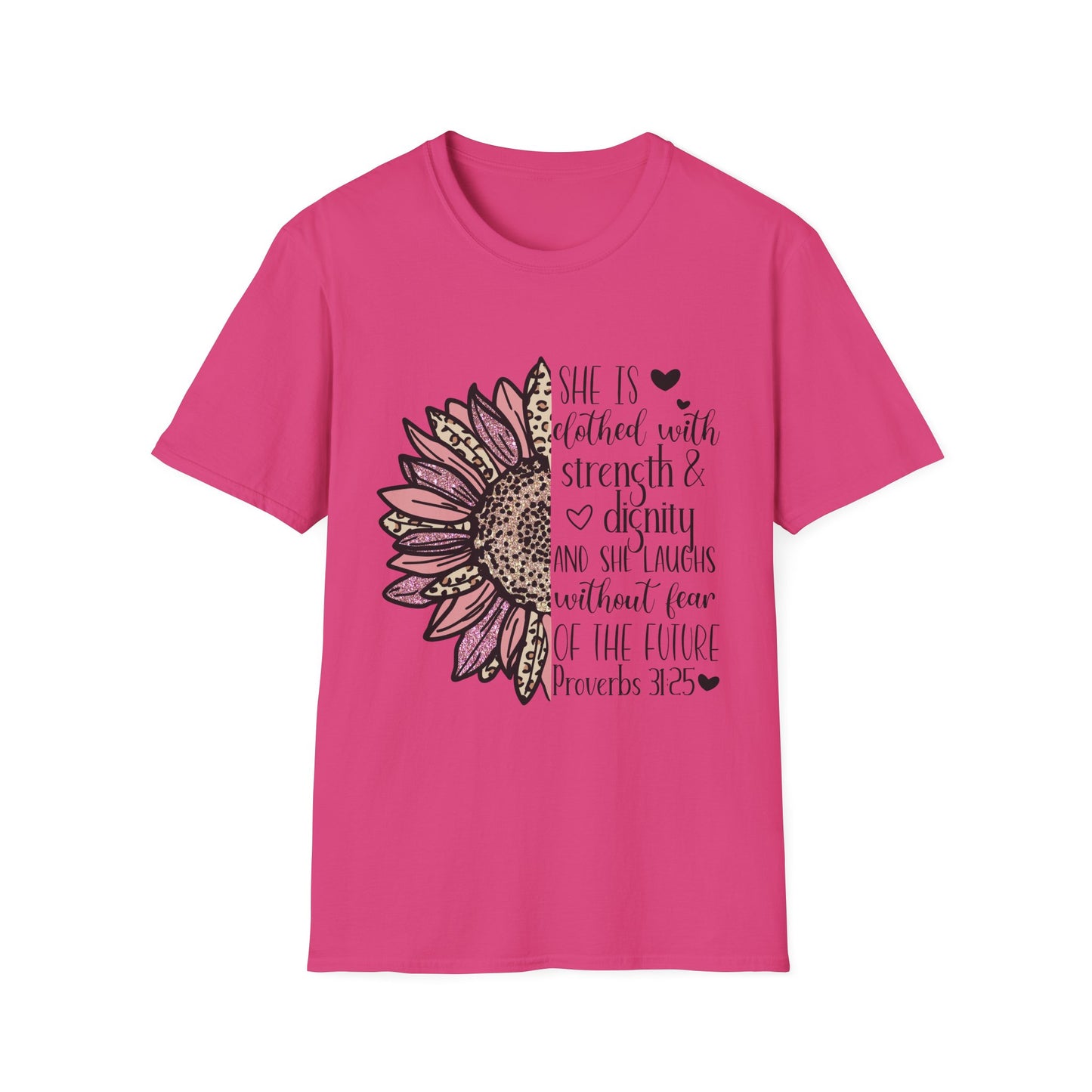 Proverbs 31:25 Unisex Softstyle T-Shirt, Christian Bible Verse Tee, Inspirational Clothing, Strength and Dignity Shirt, Religious Gift