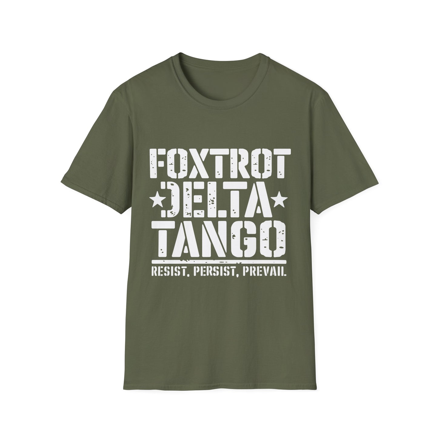Delta Foxtrot Tango Resist Persist Prevail Unisex Softstyle T-Shirt, Protest Tee, Activist Shirt, Political Apparel, Military Alphabet Top