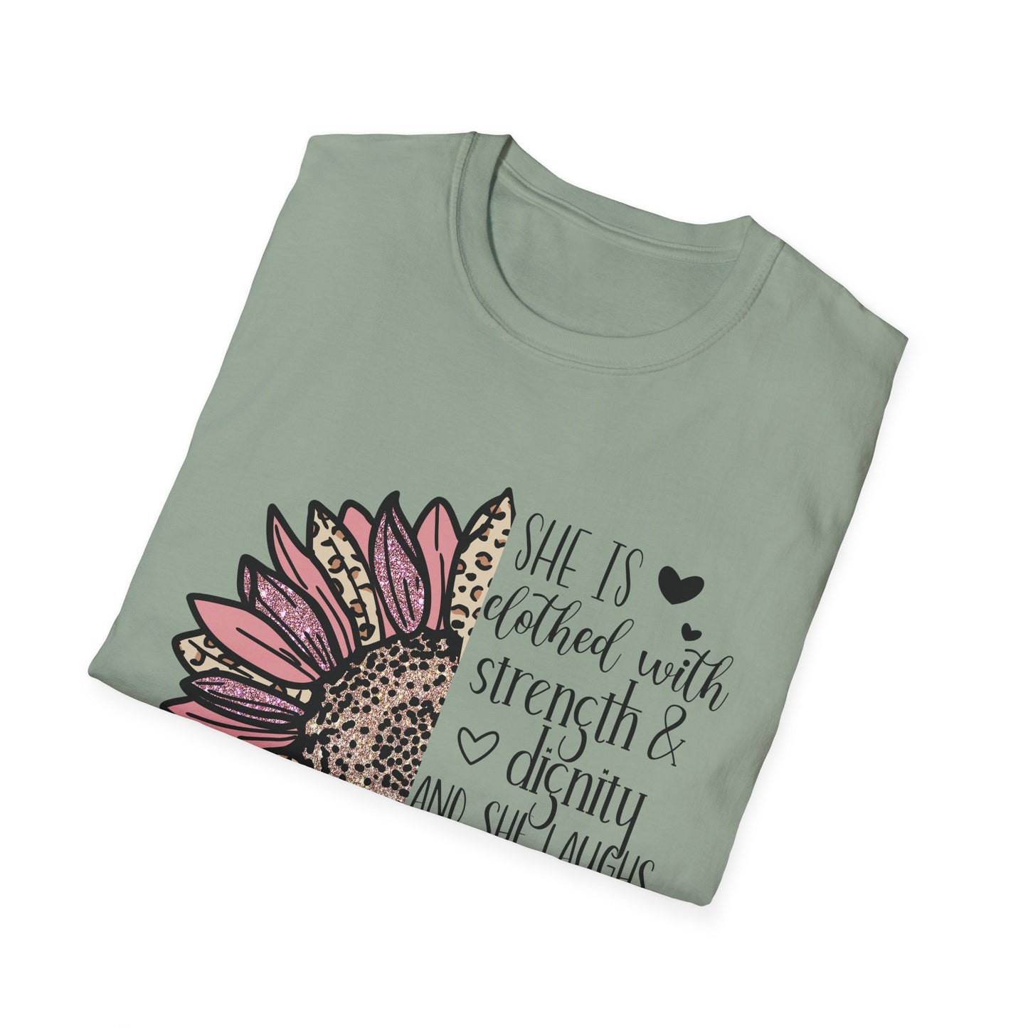 Proverbs 31:25 Unisex Softstyle T-Shirt, Christian Bible Verse Tee, Inspirational Clothing, Strength and Dignity Shirt, Religious Gift