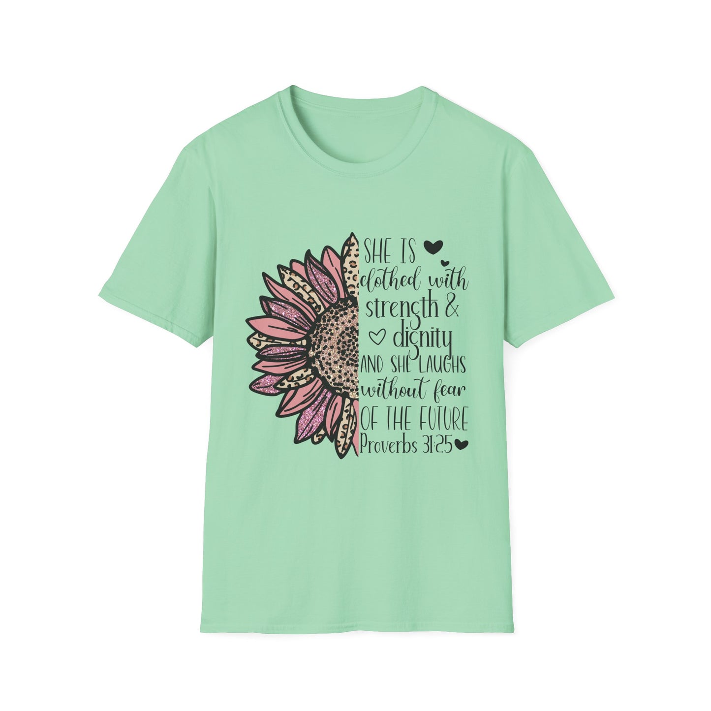 Proverbs 31:25 Unisex Softstyle T-Shirt, Christian Bible Verse Tee, Inspirational Clothing, Strength and Dignity Shirt, Religious Gift