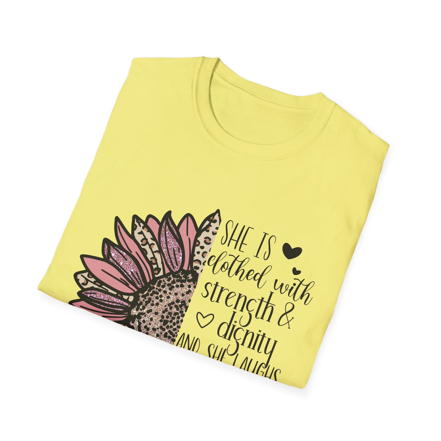 Proverbs 31:25 Unisex Softstyle T-Shirt, Christian Bible Verse Tee, Inspirational Clothing, Strength and Dignity Shirt, Religious Gift