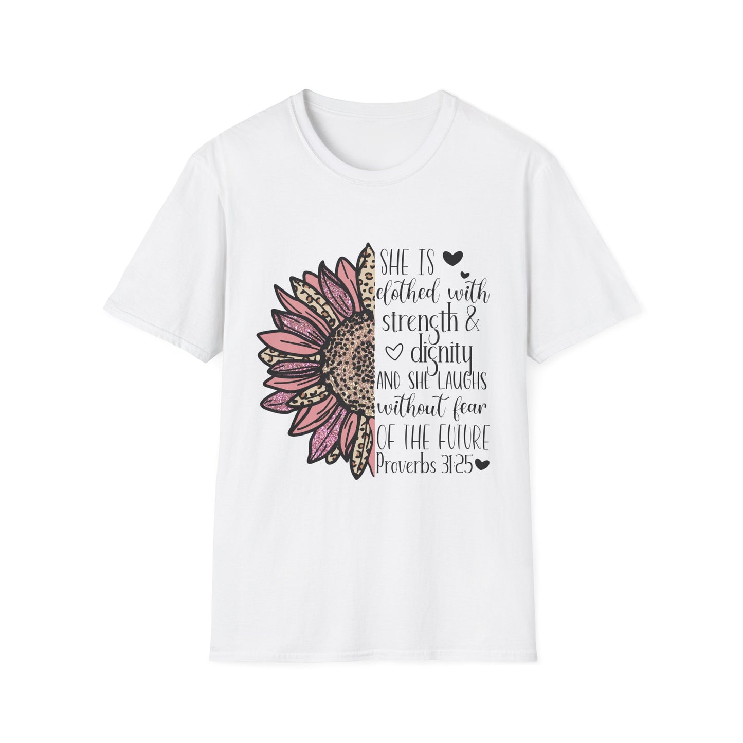 Proverbs 31:25 Unisex Softstyle T-Shirt, Christian Bible Verse Tee, Inspirational Clothing, Strength and Dignity Shirt, Religious Gift