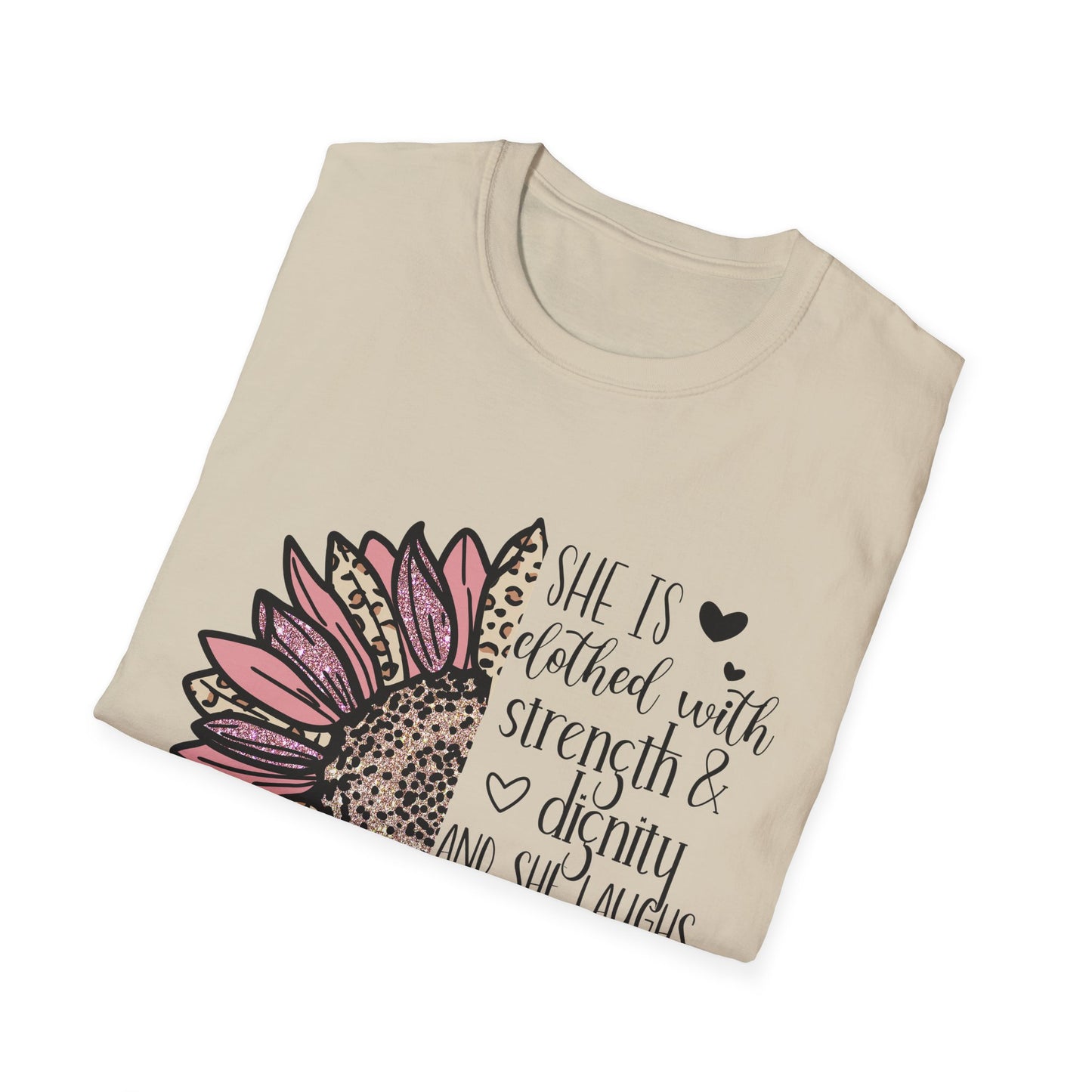 Proverbs 31:25 Unisex Softstyle T-Shirt, Christian Bible Verse Tee, Inspirational Clothing, Strength and Dignity Shirt, Religious Gift