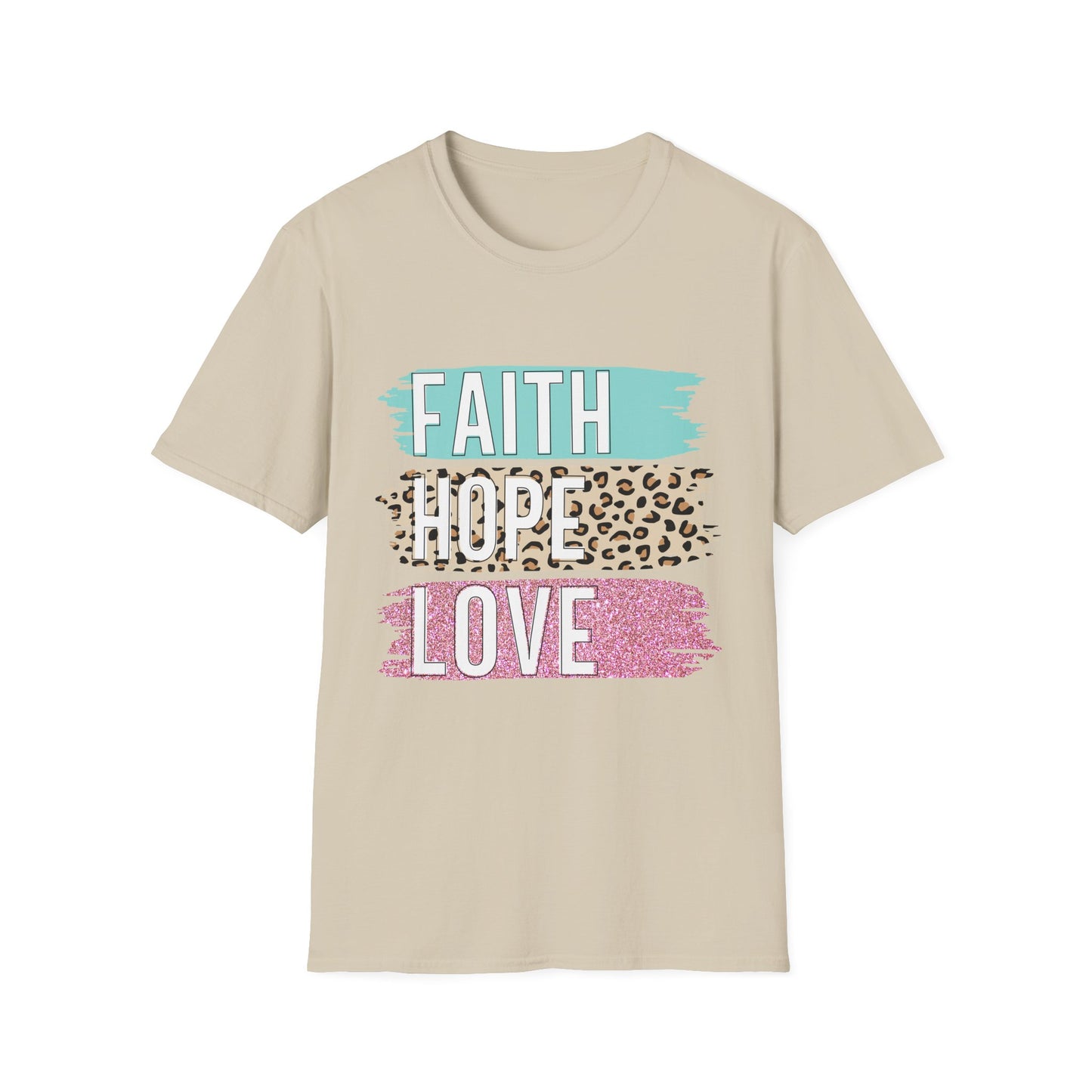 Faith Hope Love T-Shirt, Inspirational Christian Tee, Religious Graphic Shirt, Unisex Softstyle Top, Faith-Based Clothing, Washi Tape look