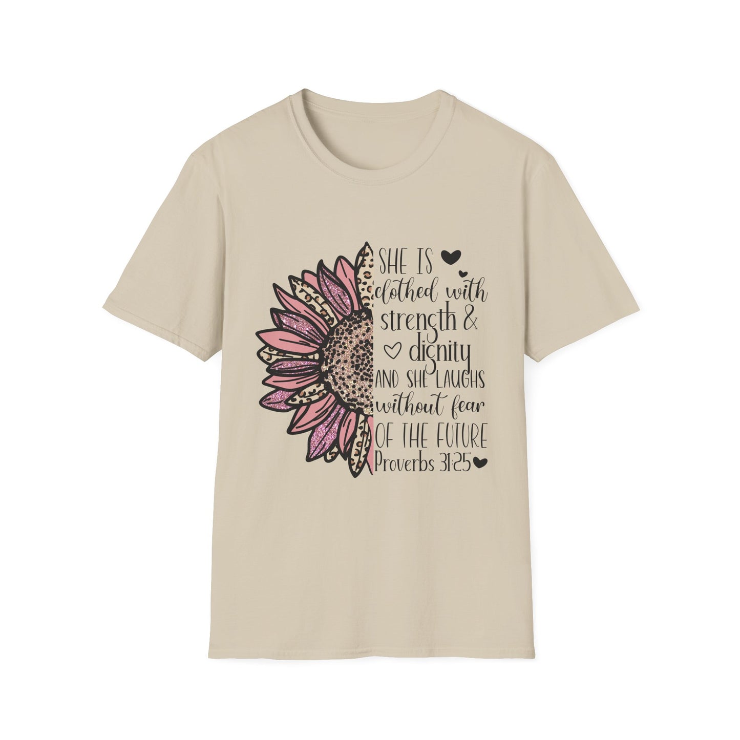 Proverbs 31:25 Unisex Softstyle T-Shirt, Christian Bible Verse Tee, Inspirational Clothing, Strength and Dignity Shirt, Religious Gift