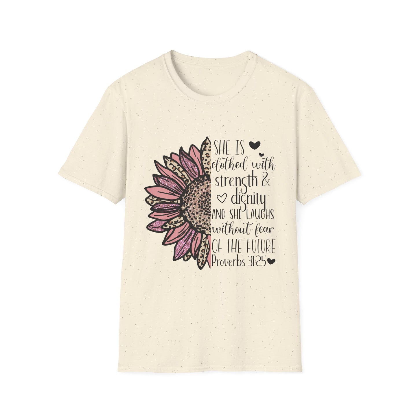 Proverbs 31:25 Unisex Softstyle T-Shirt, Christian Bible Verse Tee, Inspirational Clothing, Strength and Dignity Shirt, Religious Gift
