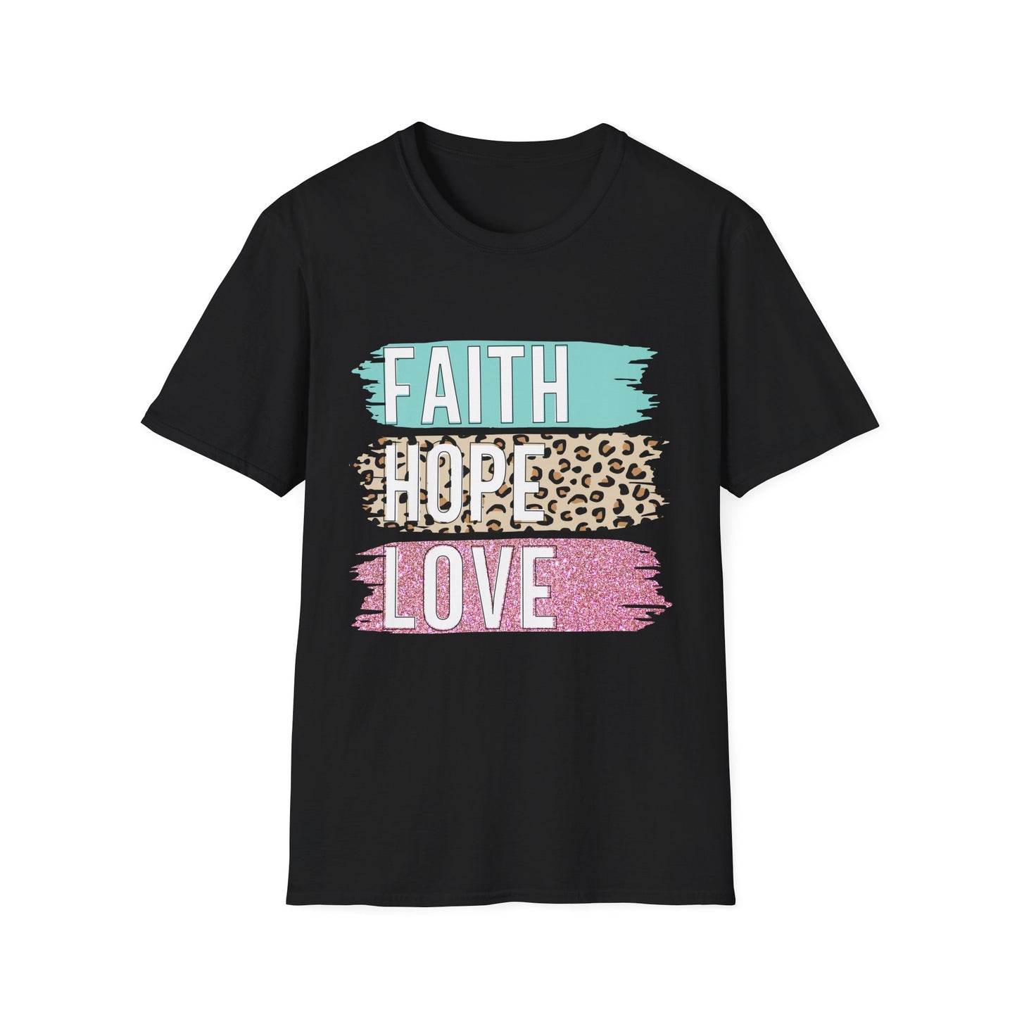 Faith Hope Love T-Shirt, Inspirational Christian Tee, Religious Graphic Shirt, Unisex Softstyle Top, Faith-Based Clothing, Washi Tape look