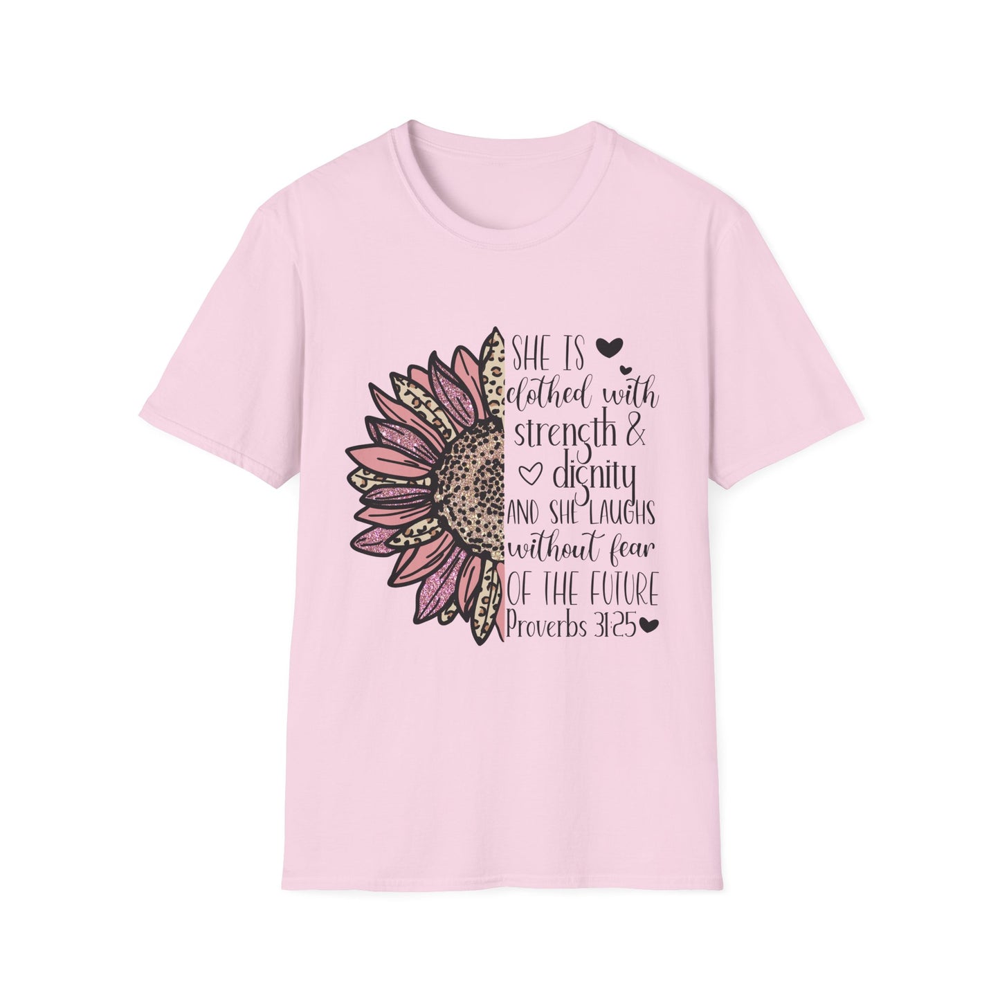 Proverbs 31:25 Unisex Softstyle T-Shirt, Christian Bible Verse Tee, Inspirational Clothing, Strength and Dignity Shirt, Religious Gift