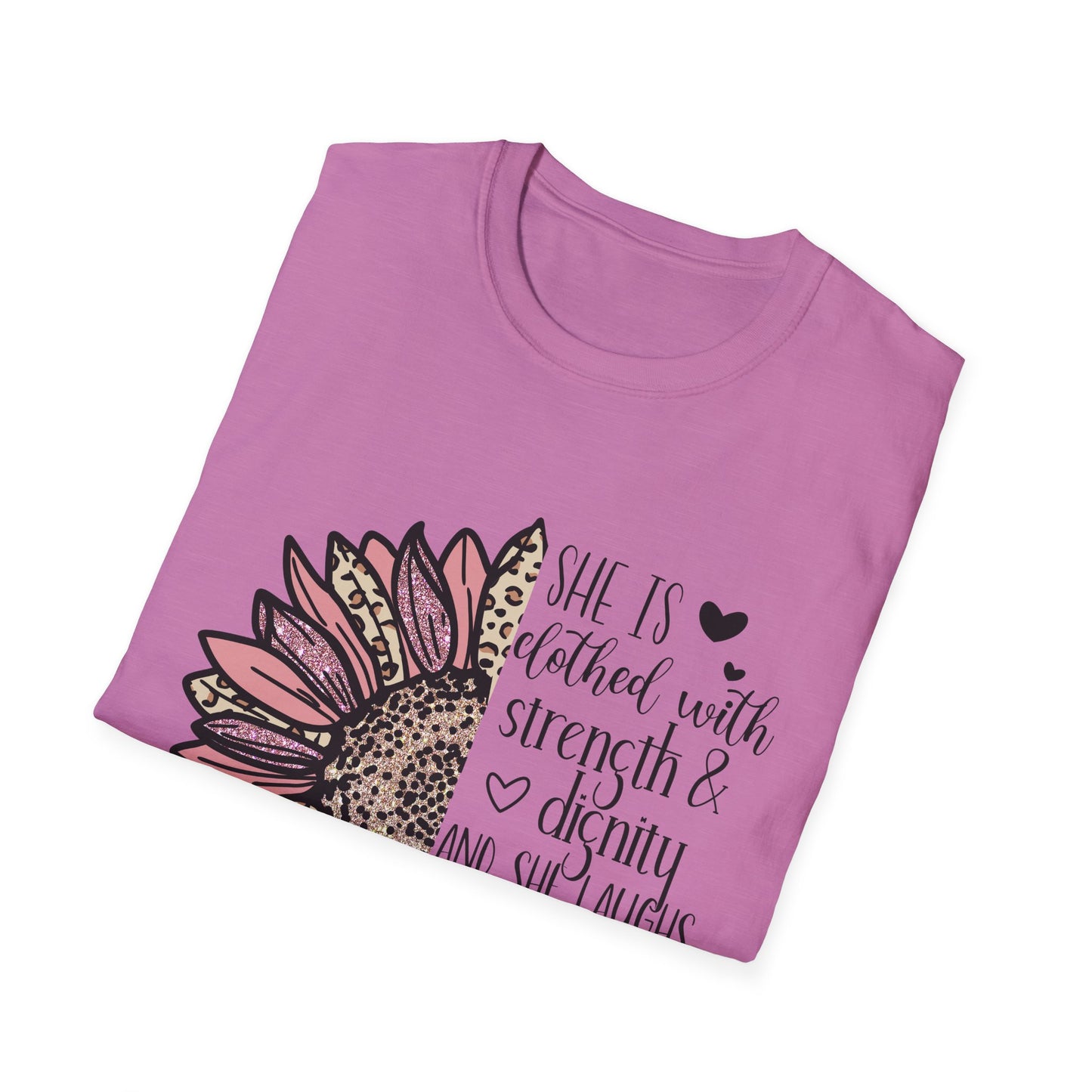 Proverbs 31:25 Unisex Softstyle T-Shirt, Christian Bible Verse Tee, Inspirational Clothing, Strength and Dignity Shirt, Religious Gift