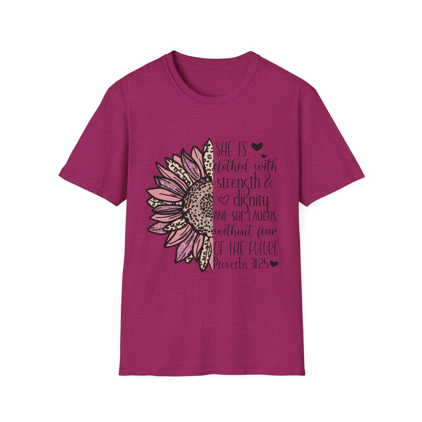 Proverbs 31:25 Unisex Softstyle T-Shirt, Christian Bible Verse Tee, Inspirational Clothing, Strength and Dignity Shirt, Religious Gift