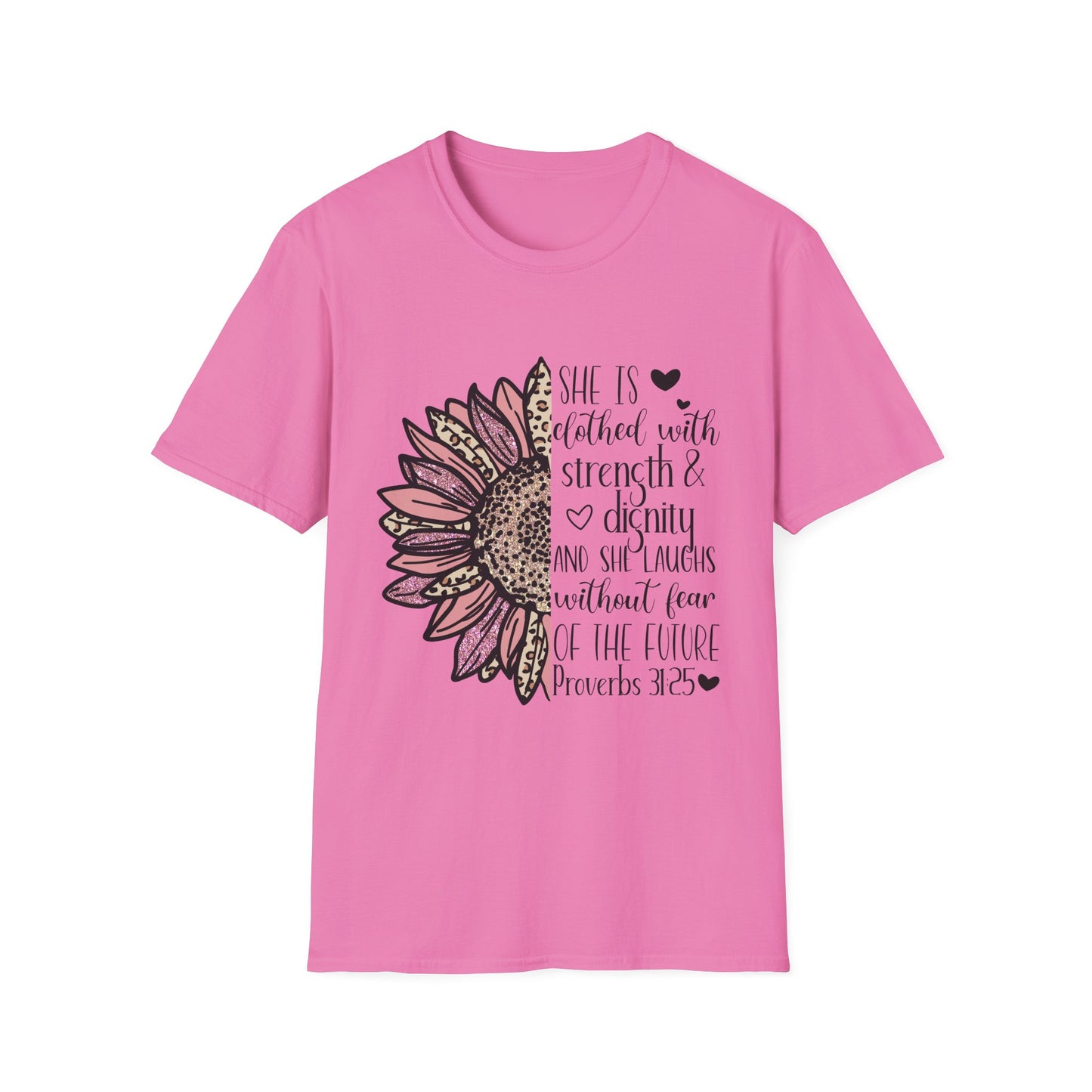 Proverbs 31:25 Unisex Softstyle T-Shirt, Christian Bible Verse Tee, Inspirational Clothing, Strength and Dignity Shirt, Religious Gift