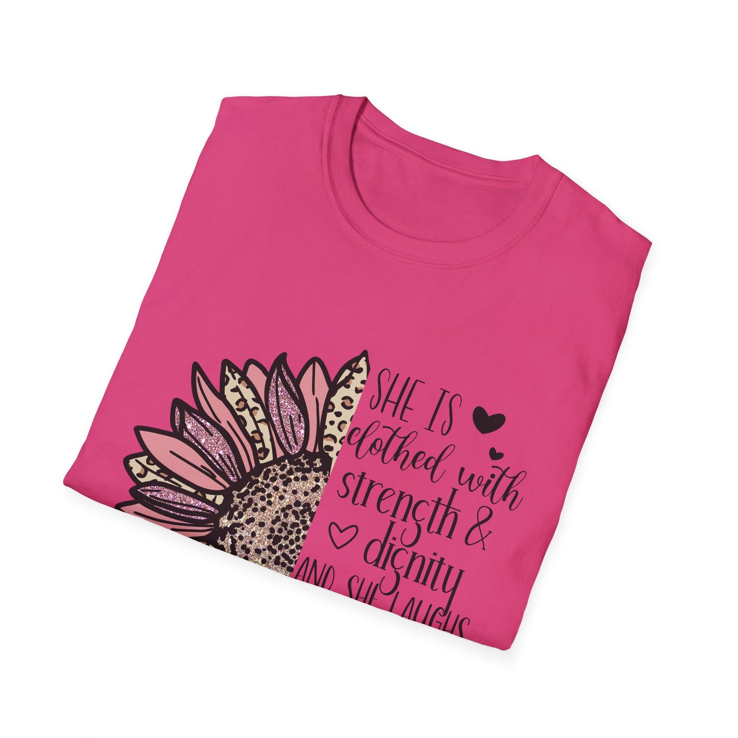 Proverbs 31:25 Unisex Softstyle T-Shirt, Christian Bible Verse Tee, Inspirational Clothing, Strength and Dignity Shirt, Religious Gift