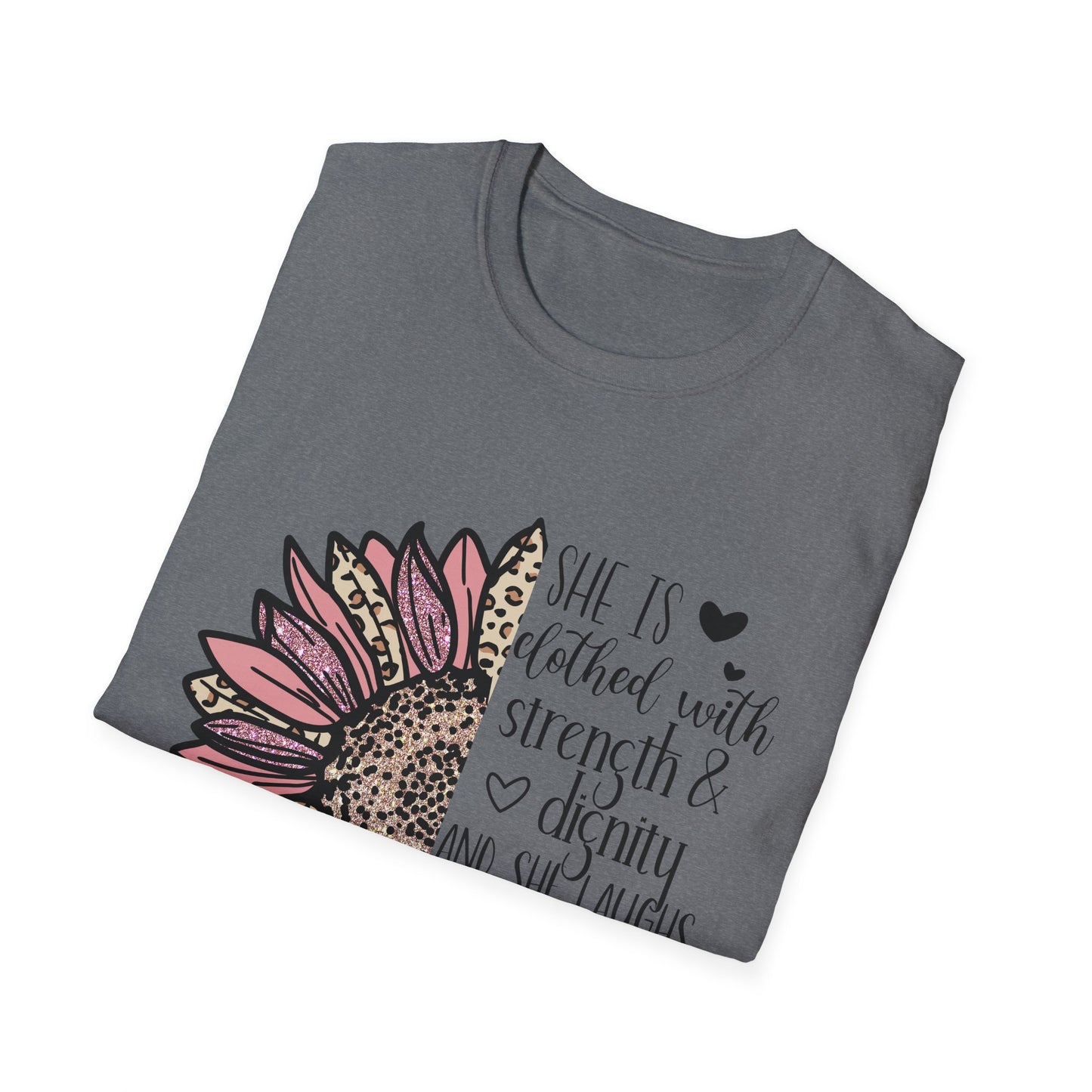 Proverbs 31:25 Unisex Softstyle T-Shirt, Christian Bible Verse Tee, Inspirational Clothing, Strength and Dignity Shirt, Religious Gift