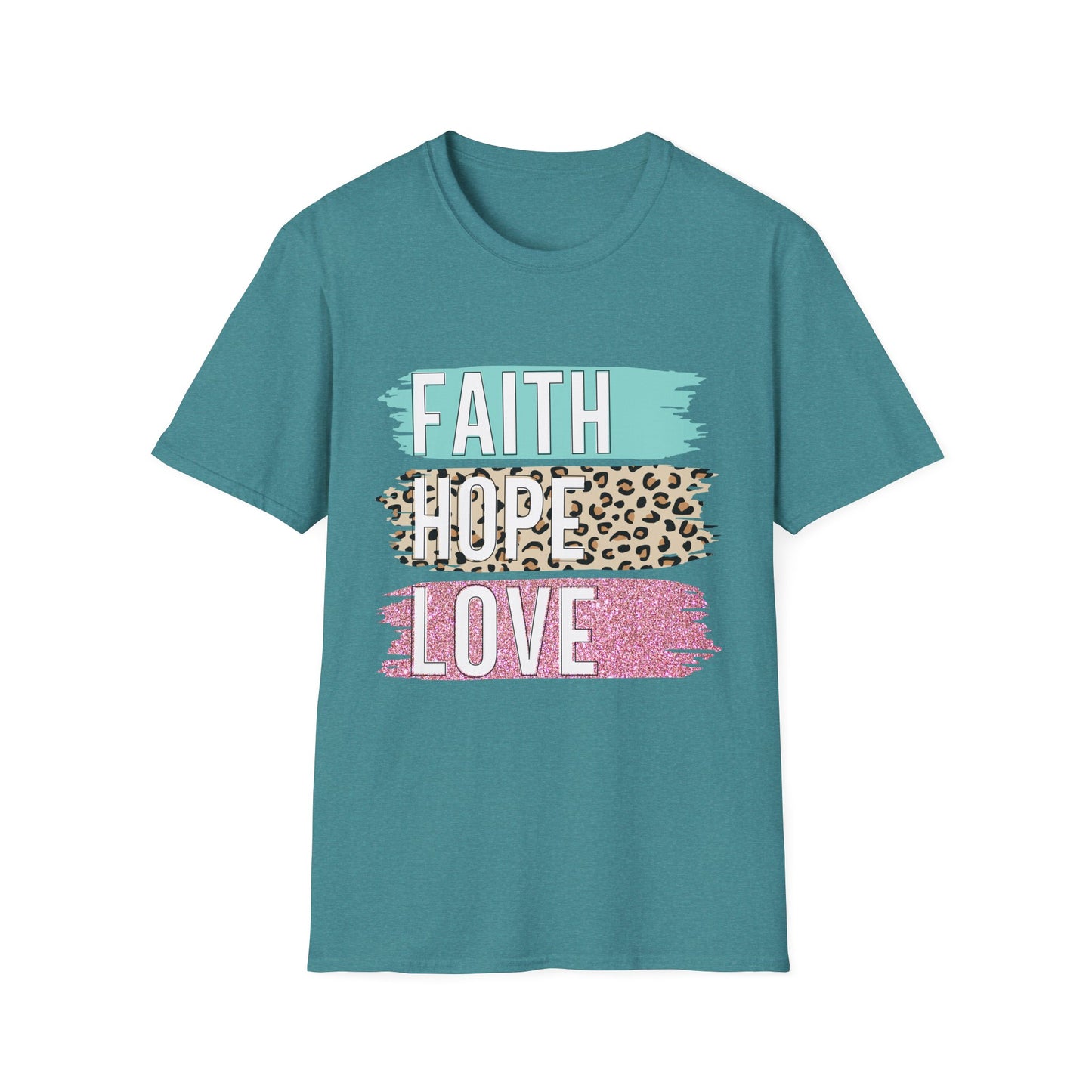 Faith Hope Love T-Shirt, Inspirational Christian Tee, Religious Graphic Shirt, Unisex Softstyle Top, Faith-Based Clothing, Washi Tape look