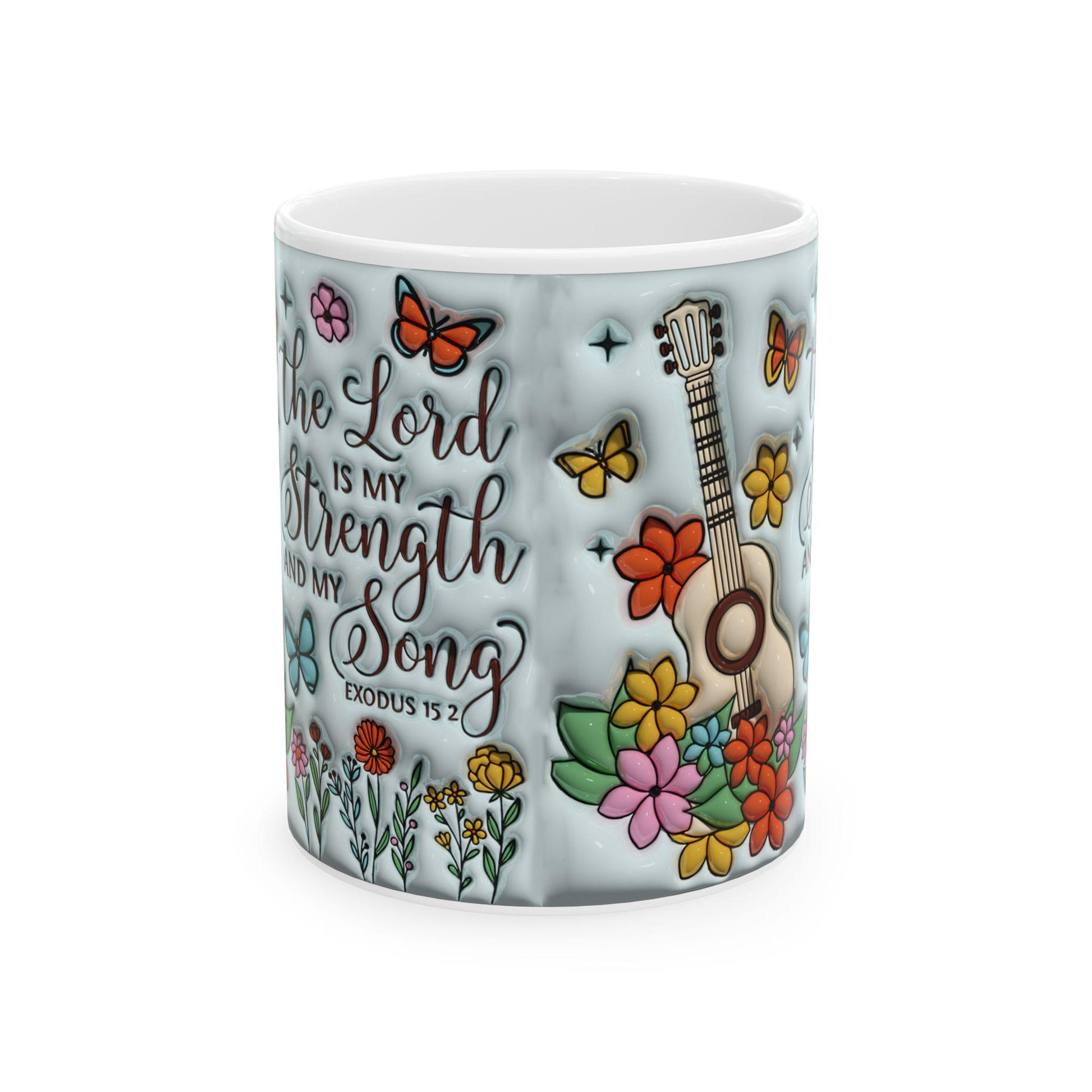 Inspirational Floral Ceramic Mug, Motivational Coffee Cup, Butterfly Design, Gift for Music Lovers, Christian Encouragement Mug, Exodus 15:2
