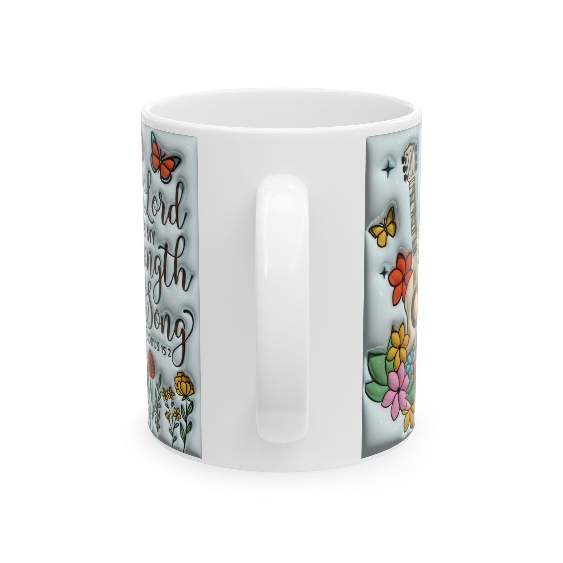 Inspirational Floral Ceramic Mug, Motivational Coffee Cup, Butterfly Design, Gift for Music Lovers, Christian Encouragement Mug, Exodus 15:2
