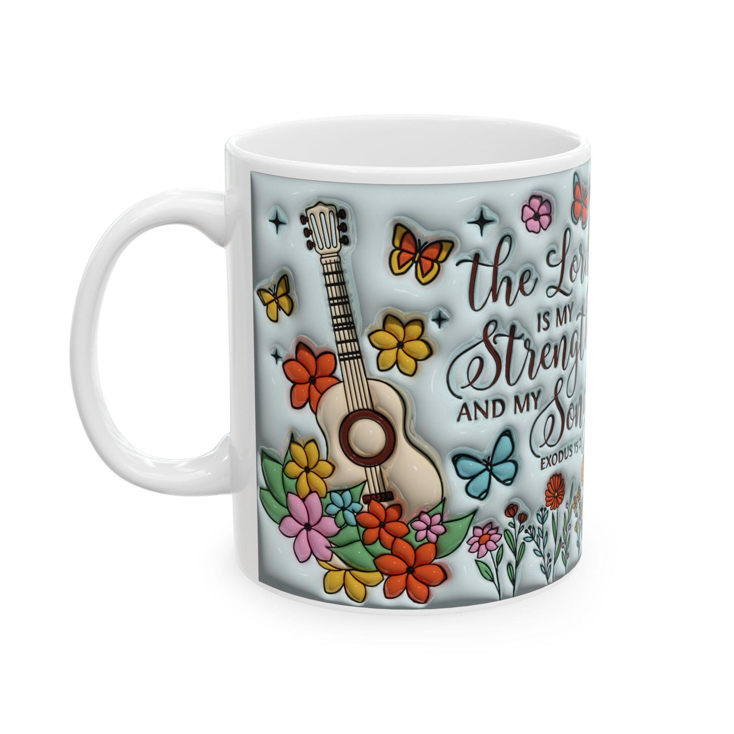 Inspirational Floral Ceramic Mug, Motivational Coffee Cup, Butterfly Design, Gift for Music Lovers, Christian Encouragement Mug, Exodus 15:2