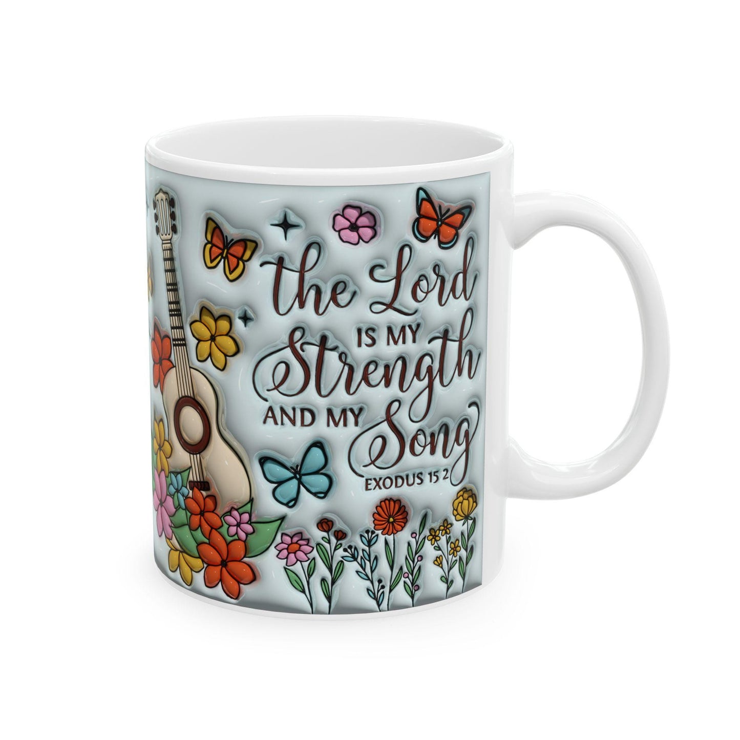 Inspirational Floral Ceramic Mug, Motivational Coffee Cup, Butterfly Design, Gift for Music Lovers, Christian Encouragement Mug, Exodus 15:2