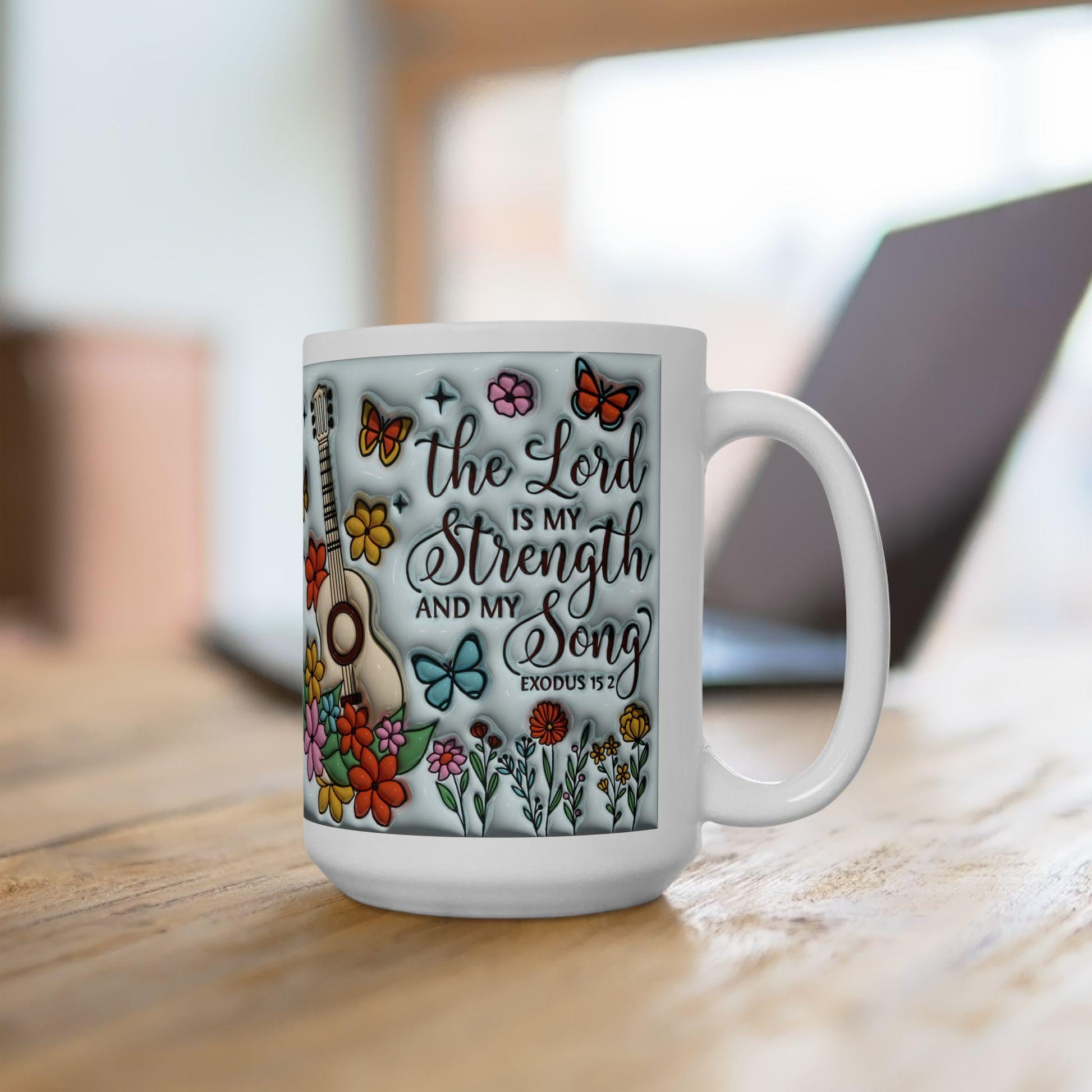 Inspirational Floral Ceramic Mug, Motivational Coffee Cup, Butterfly Design, Gift for Music Lovers, Christian Encouragement Mug, Exodus 15:2