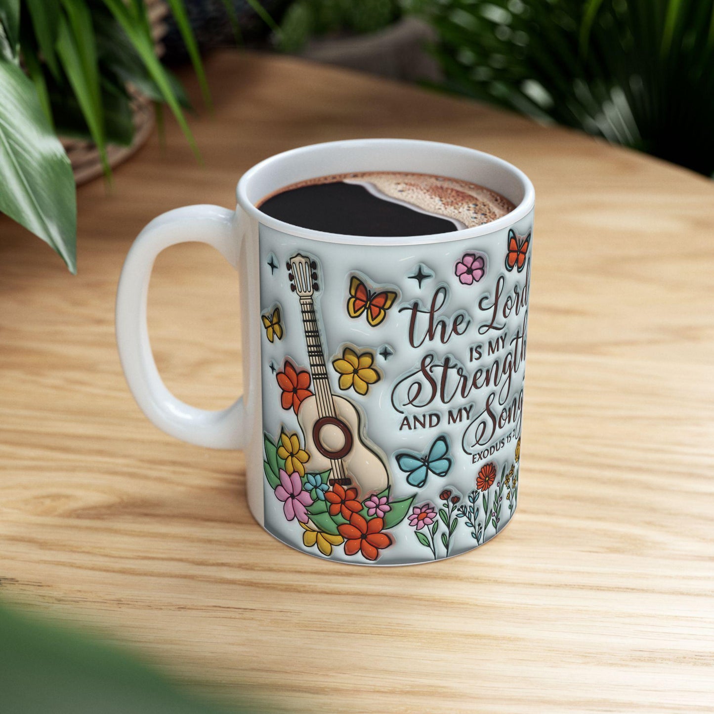 Inspirational Floral Ceramic Mug, Motivational Coffee Cup, Butterfly Design, Gift for Music Lovers, Christian Encouragement Mug, Exodus 15:2