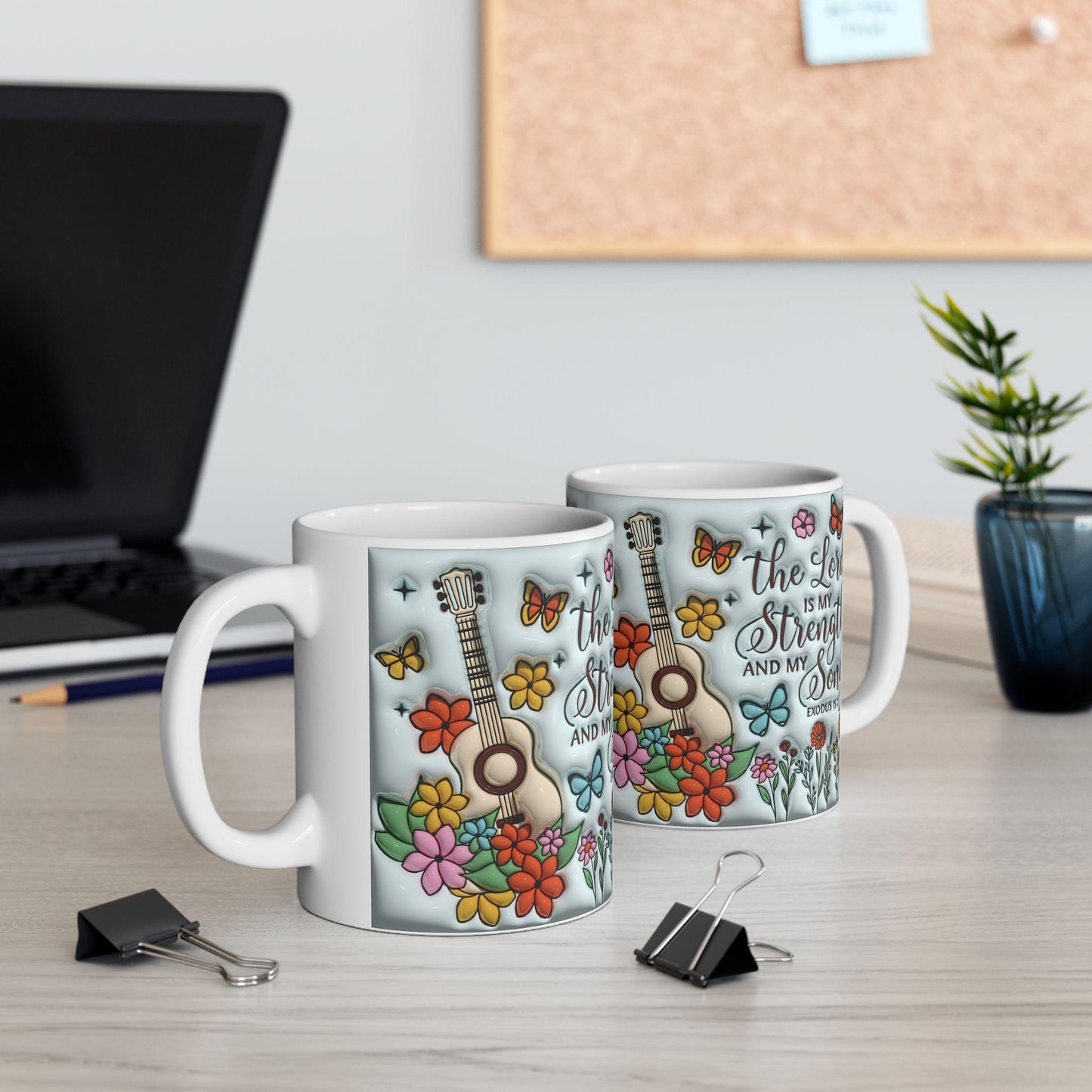 Inspirational Floral Ceramic Mug, Motivational Coffee Cup, Butterfly Design, Gift for Music Lovers, Christian Encouragement Mug, Exodus 15:2