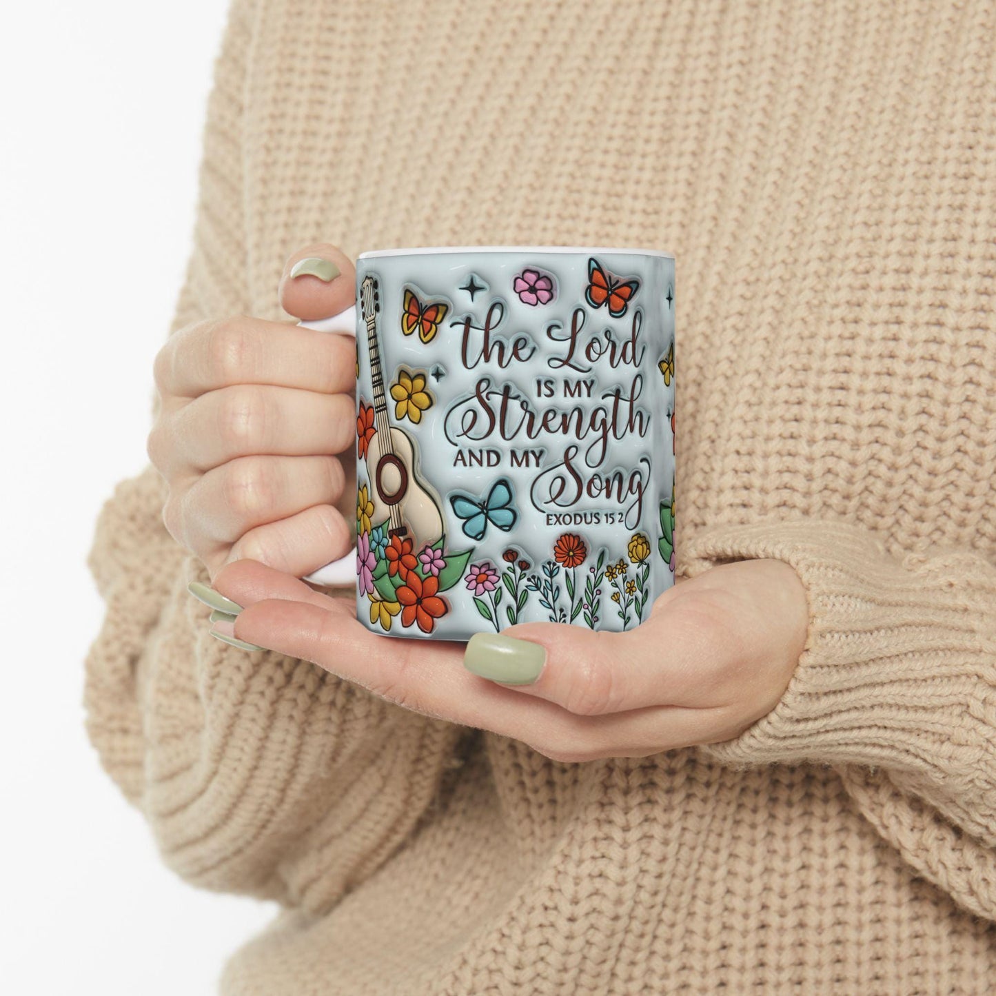 Inspirational Floral Ceramic Mug, Motivational Coffee Cup, Butterfly Design, Gift for Music Lovers, Christian Encouragement Mug, Exodus 15:2