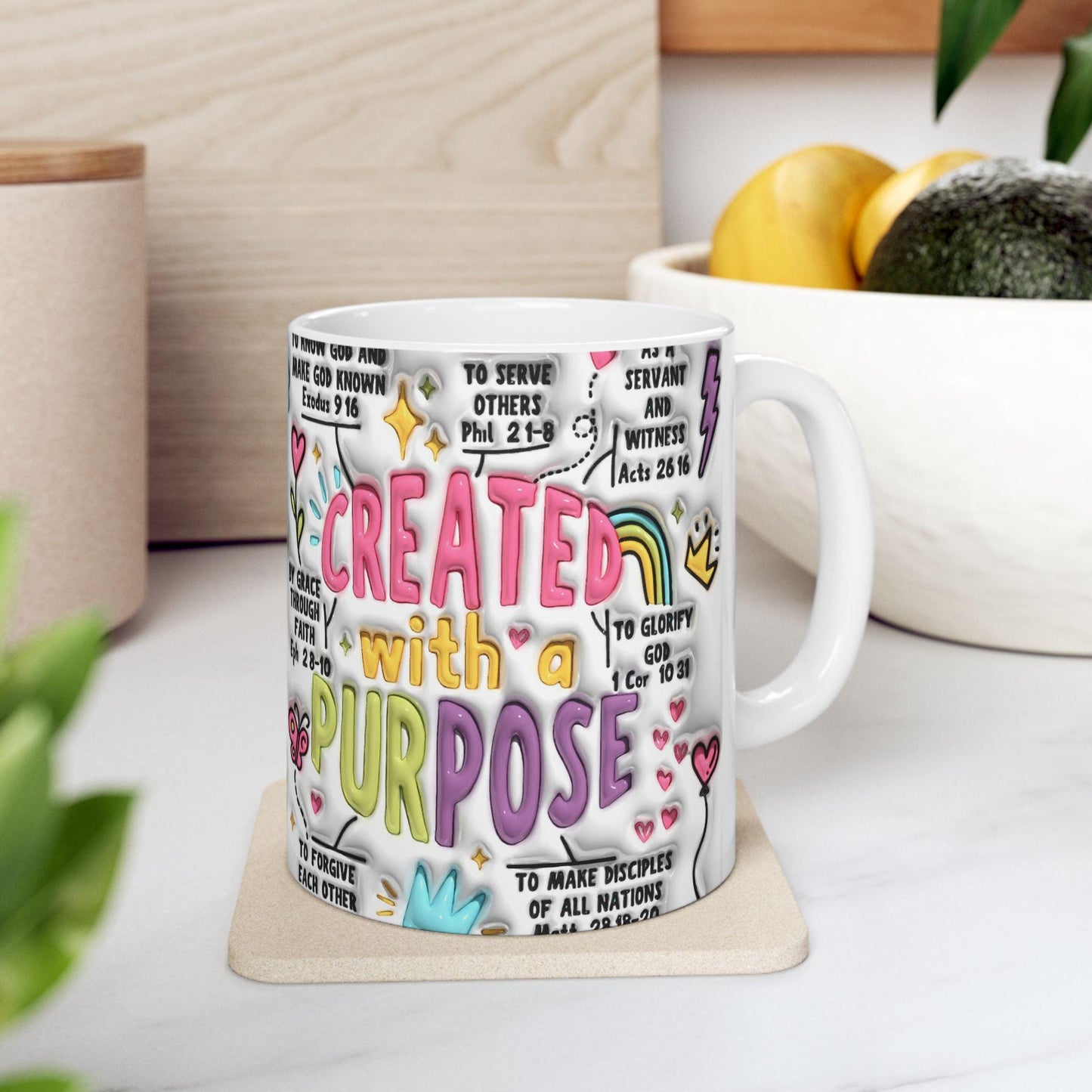 Inspirational Ceramic Mug - Created with a Purpose - Motivational Gift for Friends, Study, Self-Care, Encouragement, Office Decor, Home