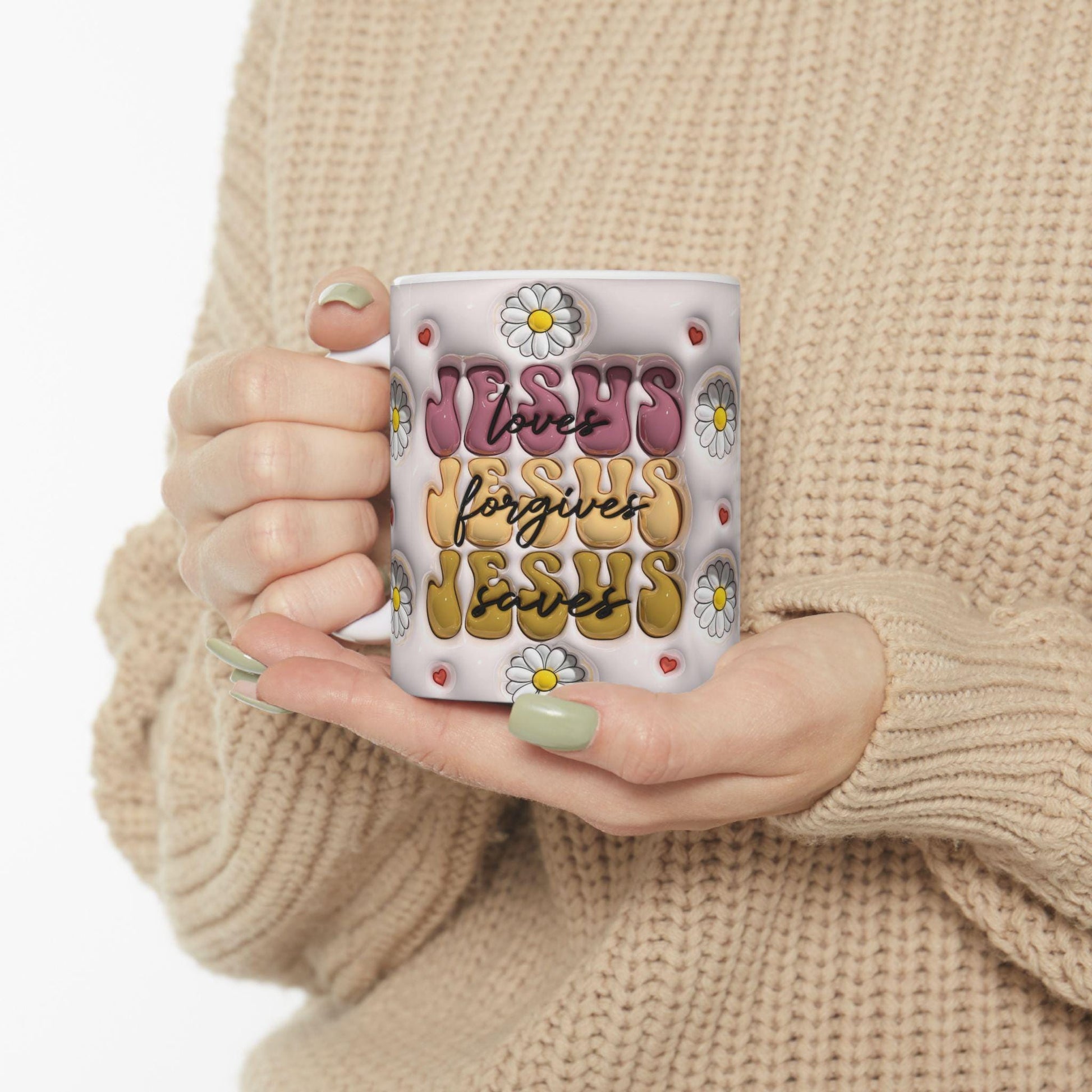 Flower Power Ceramic Mug - Inspirational Jesus Design, Faith Gift, Coffee Lover's Cup, Cute Floral Mug, Perfect for Holidays