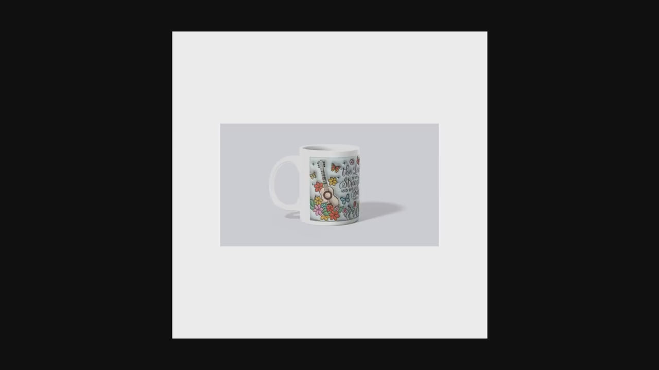 Inspirational Floral Ceramic Mug, Motivational Coffee Cup, Butterfly Design, Gift for Music Lovers, Christian Encouragement Mug, Exodus 15:2